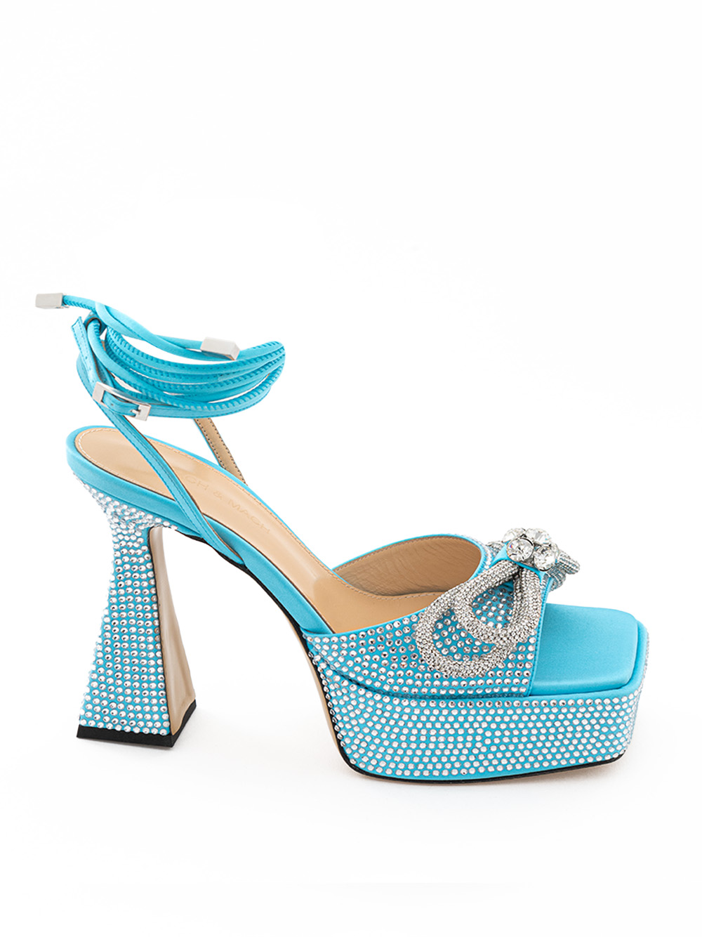 Blue Leather Sandals with Double Bow Crystals
