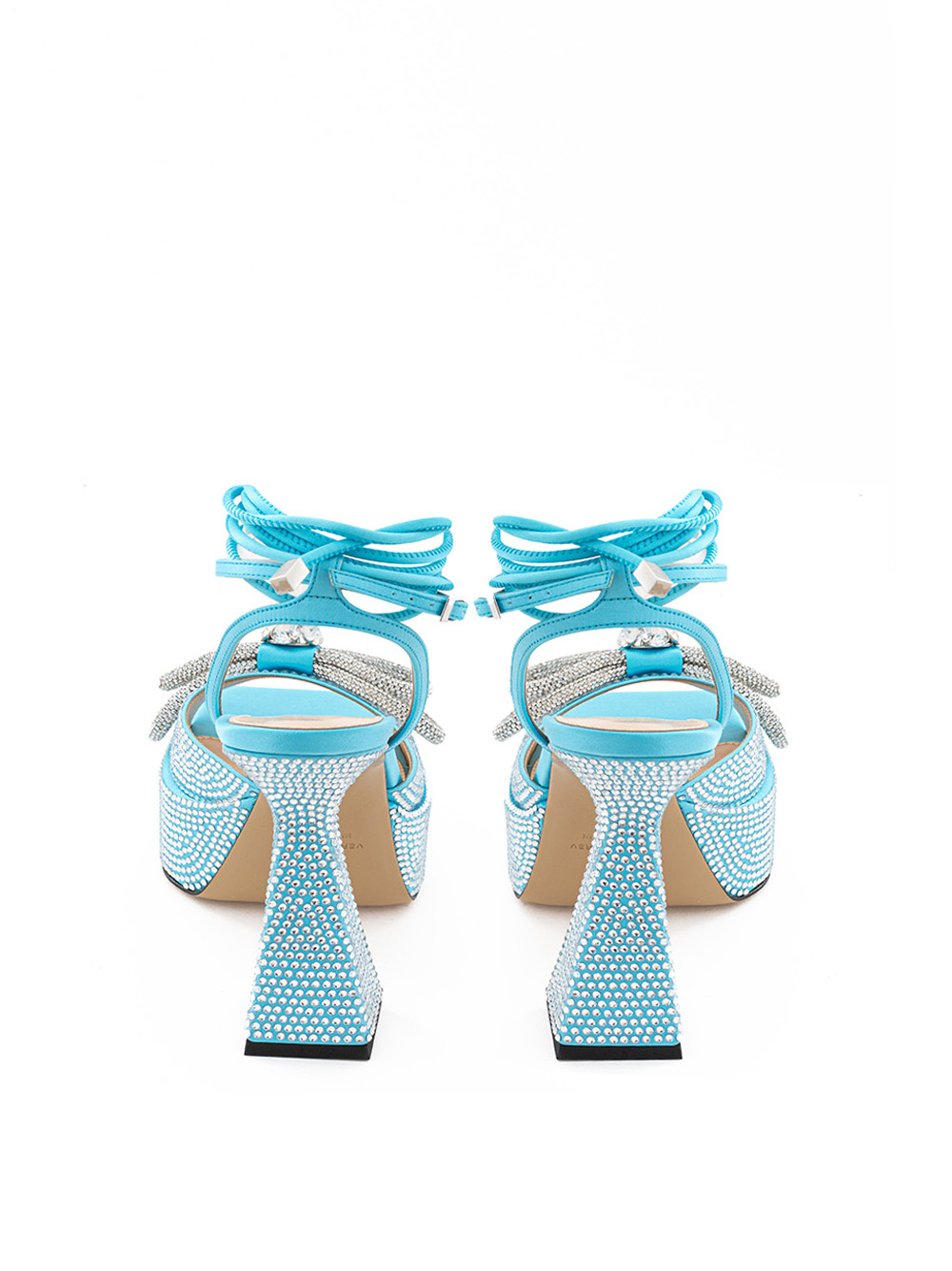 Blue Leather Sandals with Double Bow Crystals