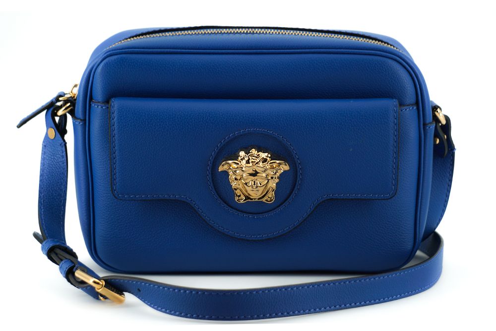 VERSACE★素敵！Blue Leather MEDUSA Crossbody GRECA STRAP BAG NEW $1,400 VERSACE Men Blue Leather GOLD MEDUSA LOGO