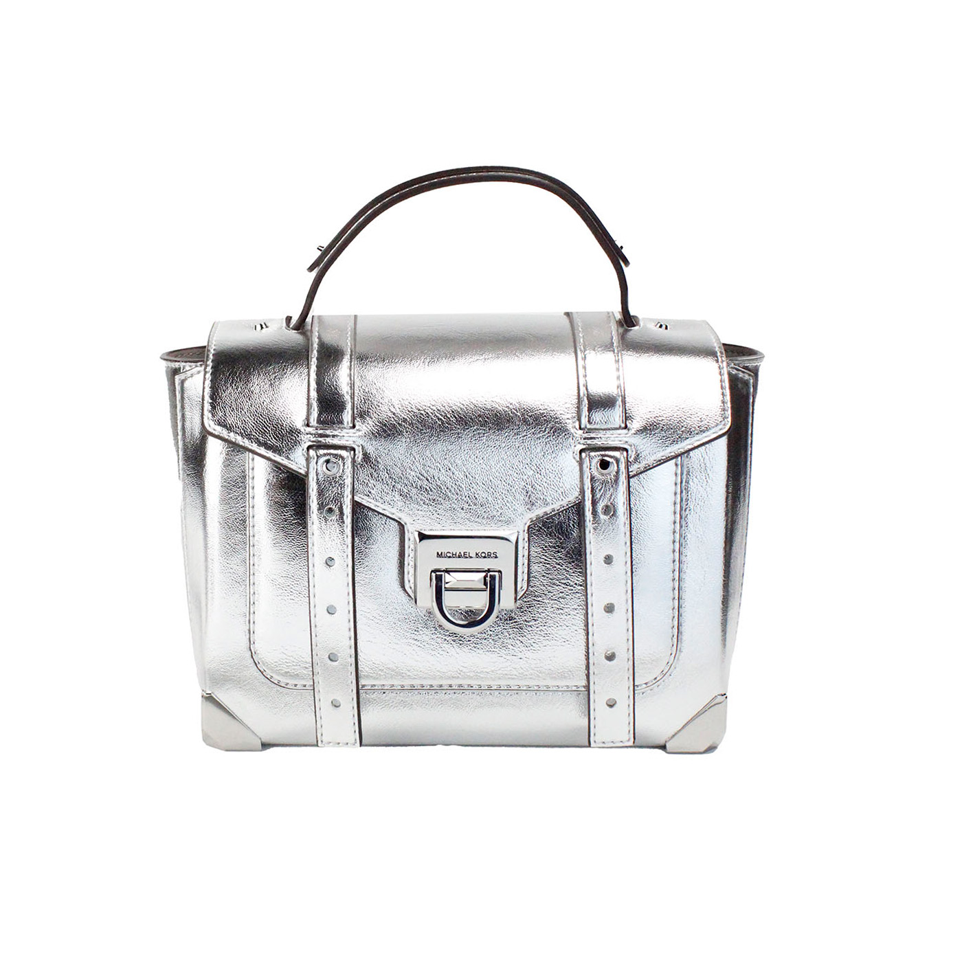 Silver Leather Top Handle Satchel Bag