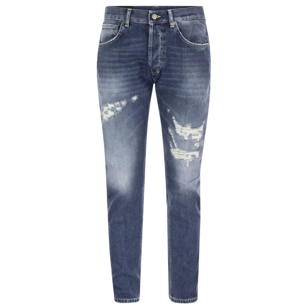 Washed  Cotton Five-Pocket Jeans with Tears and Wear