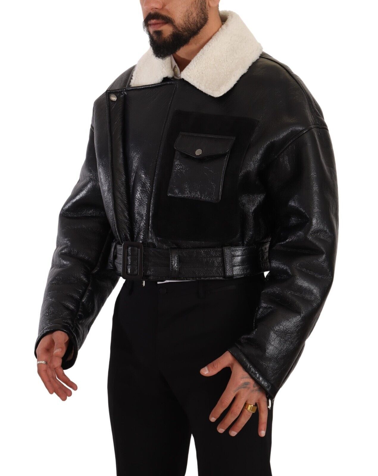 Dolce & Gabbana Cropped Shearling Jacket Black Leather Men
