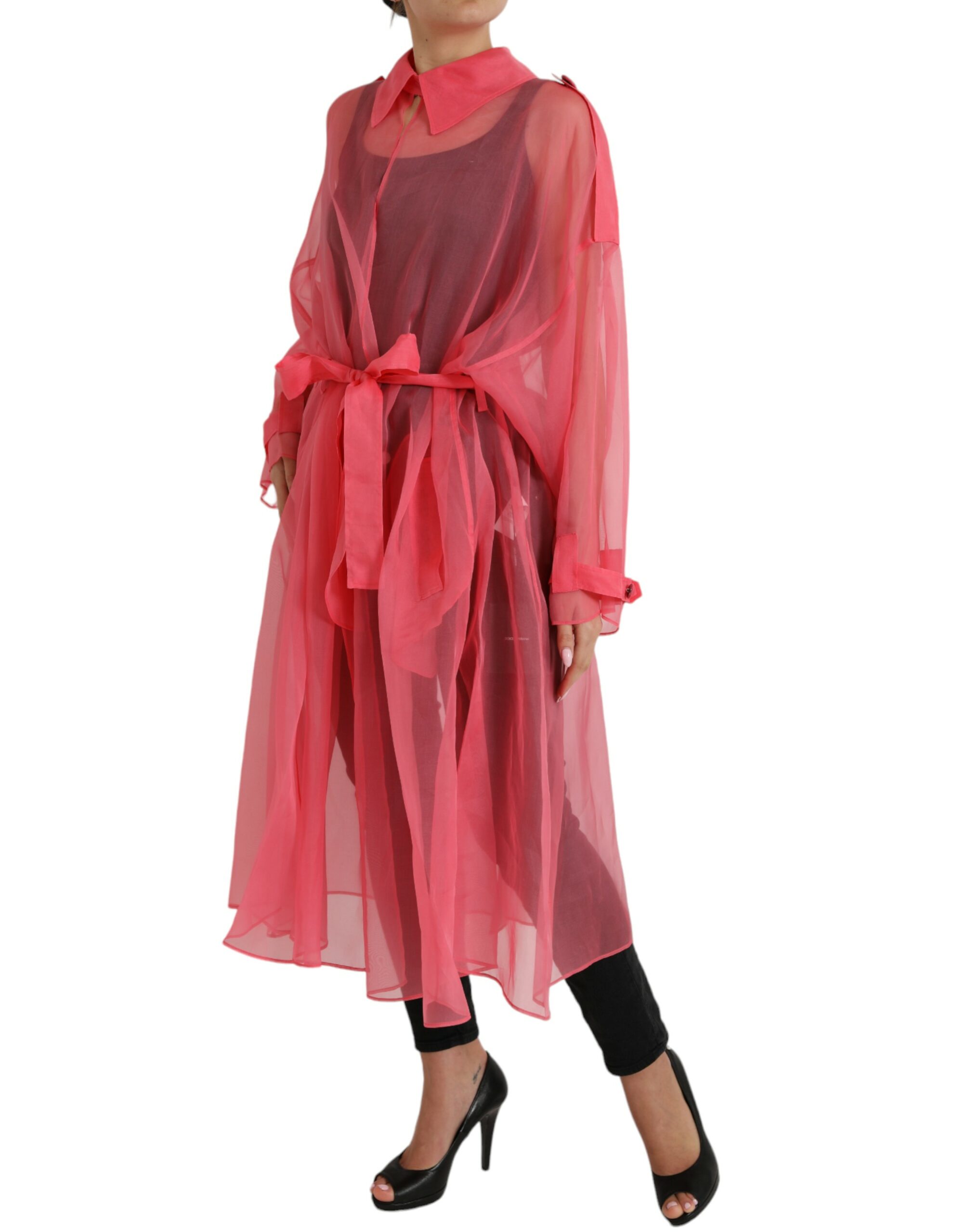 Silk Long Jacket with Belted Waist and Drawstring Closure