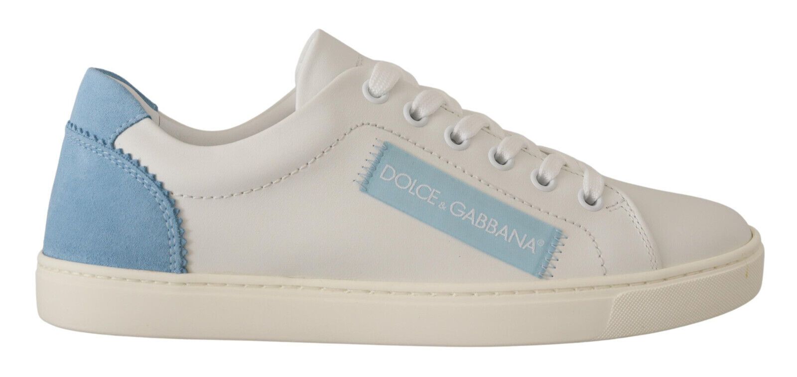 Pre-owned Dolce & Gabbana Damen Wunderschone Blaue Low-top-sneaker Aus Leder In Weiss