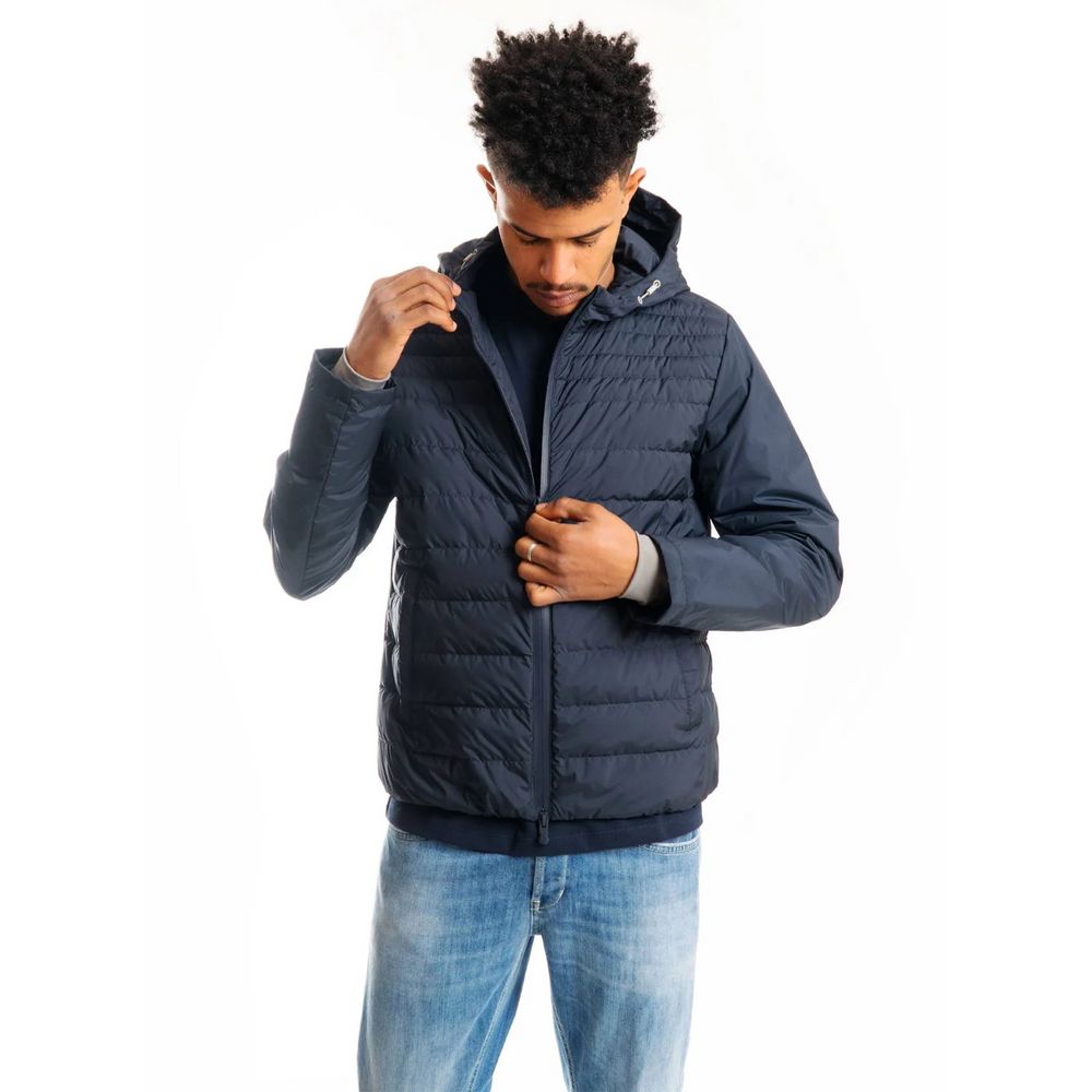 Hooded Technical Fabric Jacket with Feather Stuffing