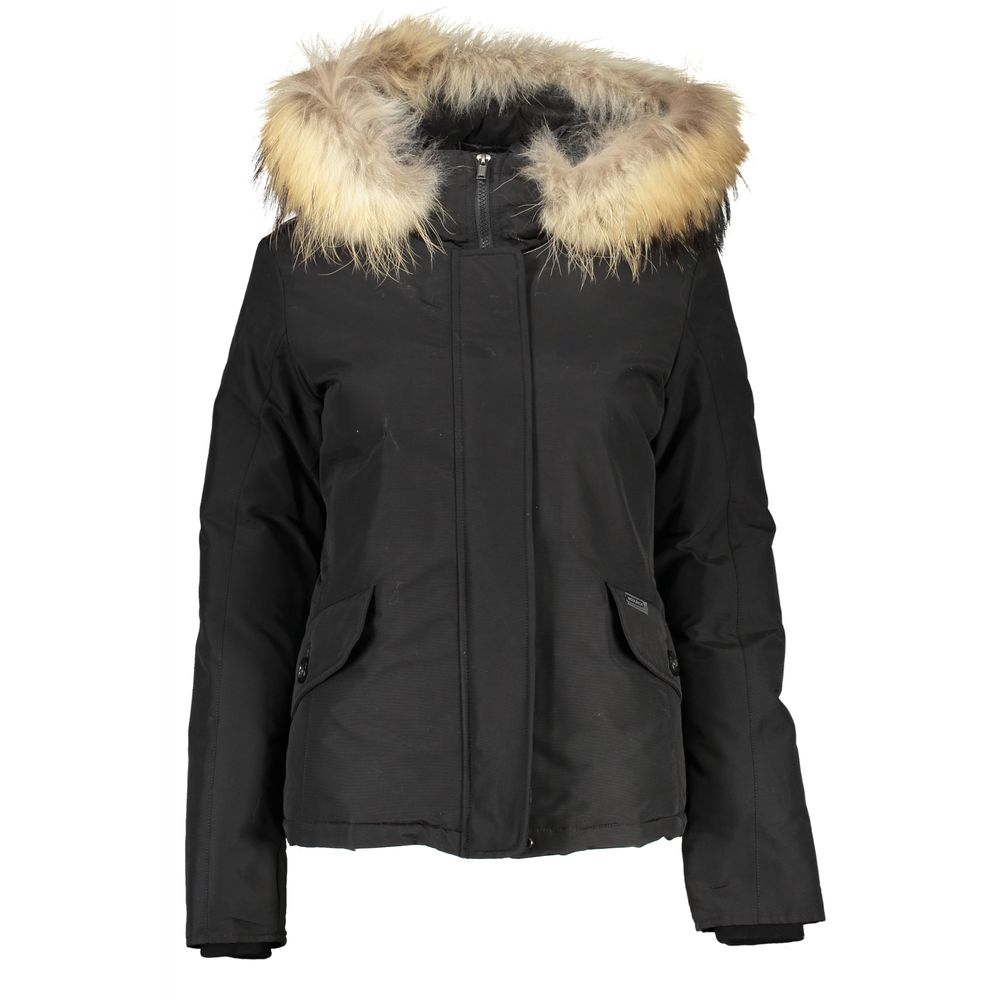 Pre-owned Woolrich Women's Long Sleeved Jacket With Removable Fur Hood Zip & Buttons In B In Black