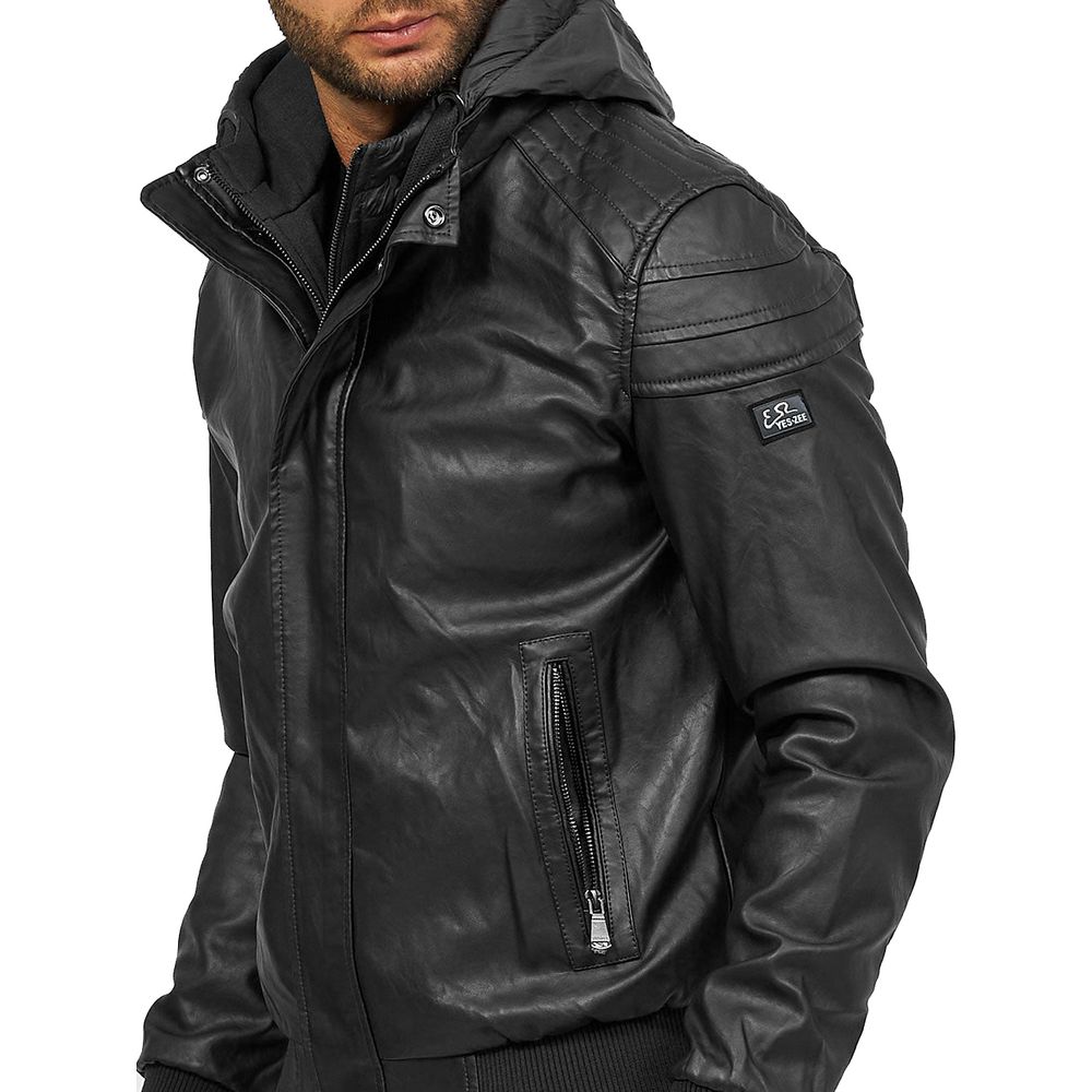 Yes Zee Faux Leather Hooded Jacket YE13676 Men Black | eBay