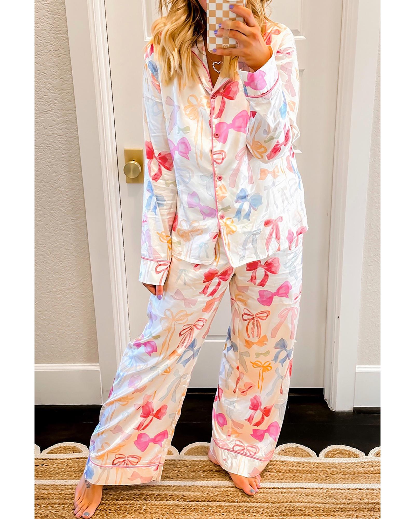 White Bow Knot Print Lapel Collar Wide Leg Satin Pajama Set  -  Sleepwear -Size