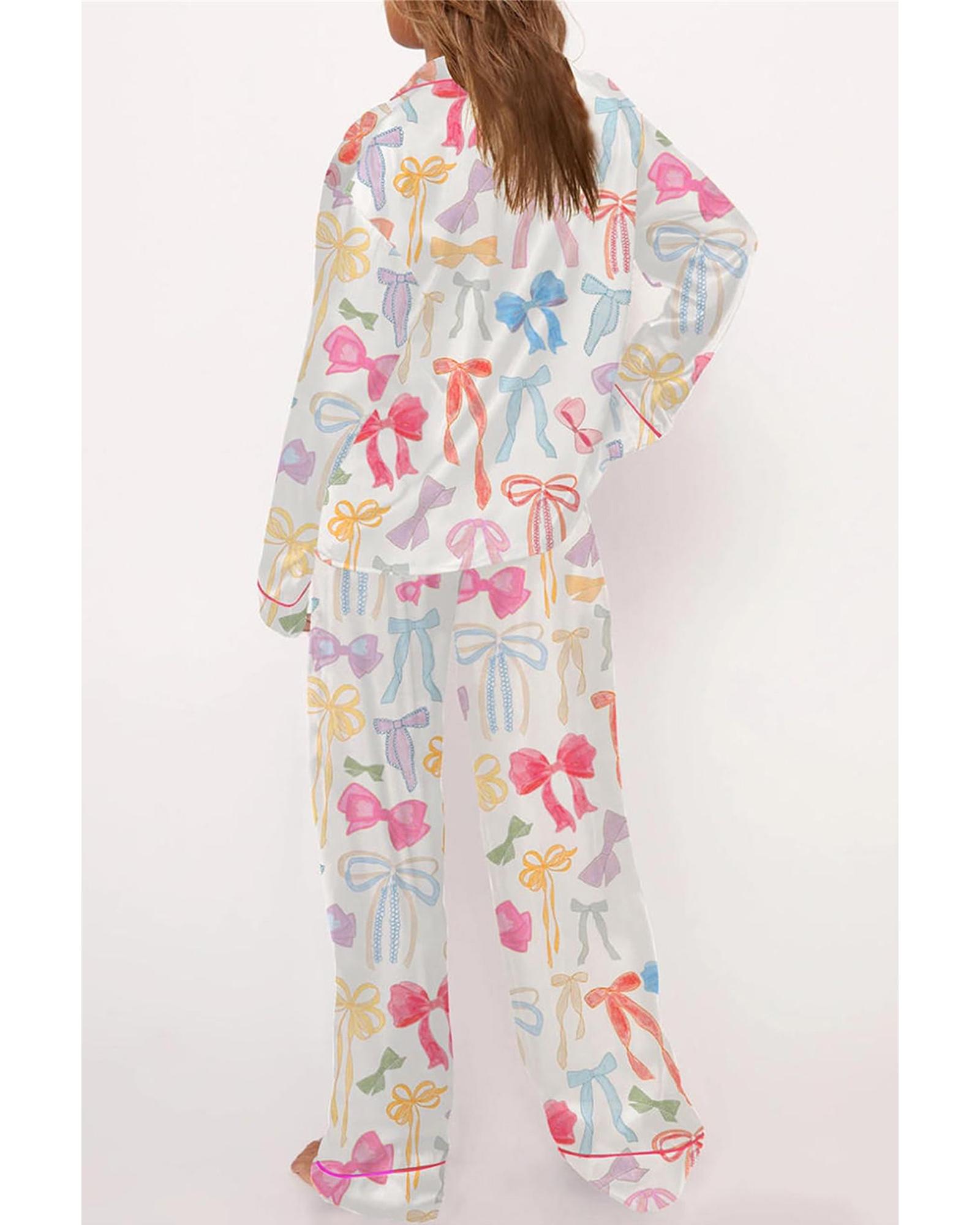 White Bow Knot Print Lapel Collar Wide Leg Satin Pajama Set  -  Sleepwear -Size