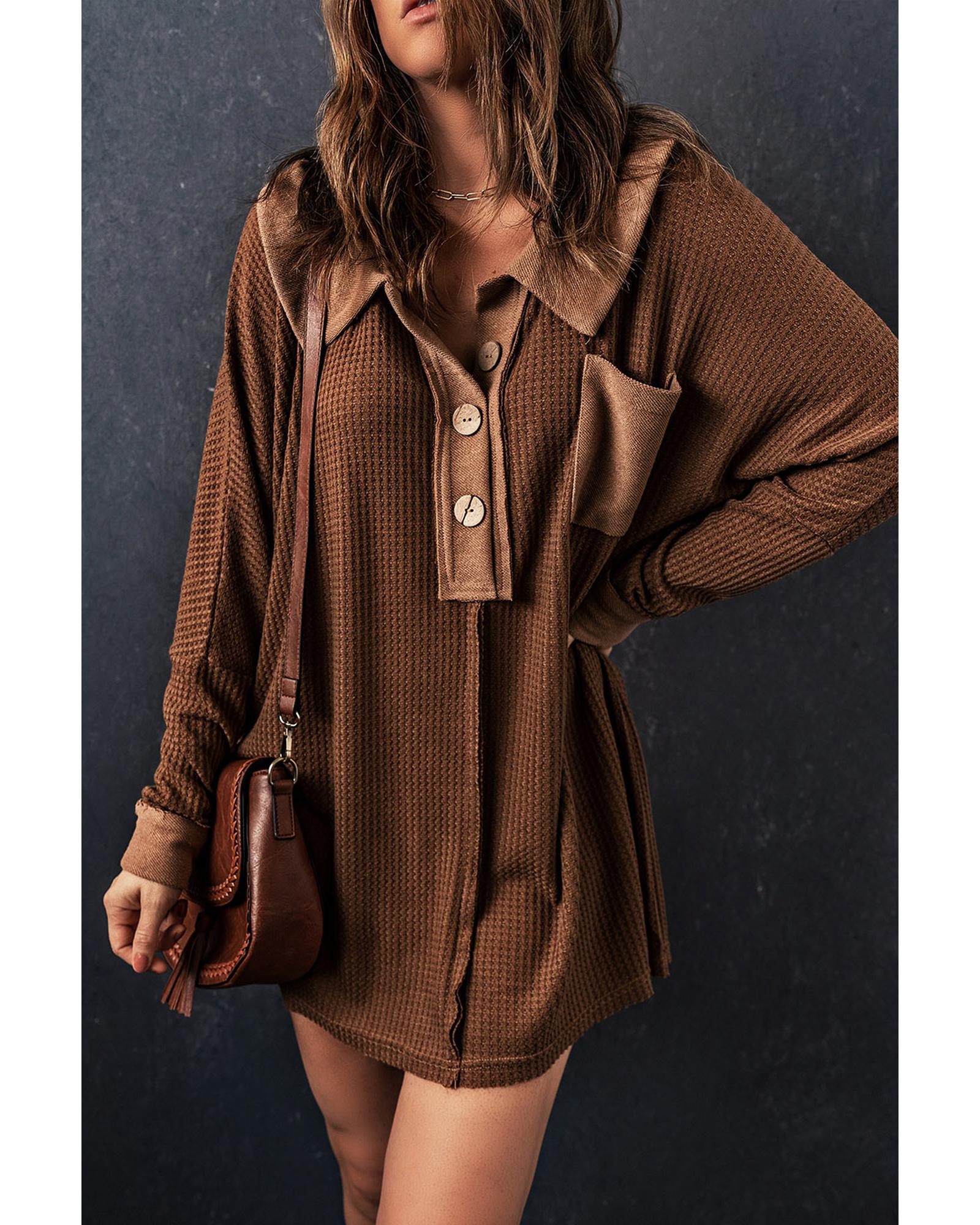 Brown Waffle Knit Buttoned Long Sleeve Top  -  Tops -Size 2XL