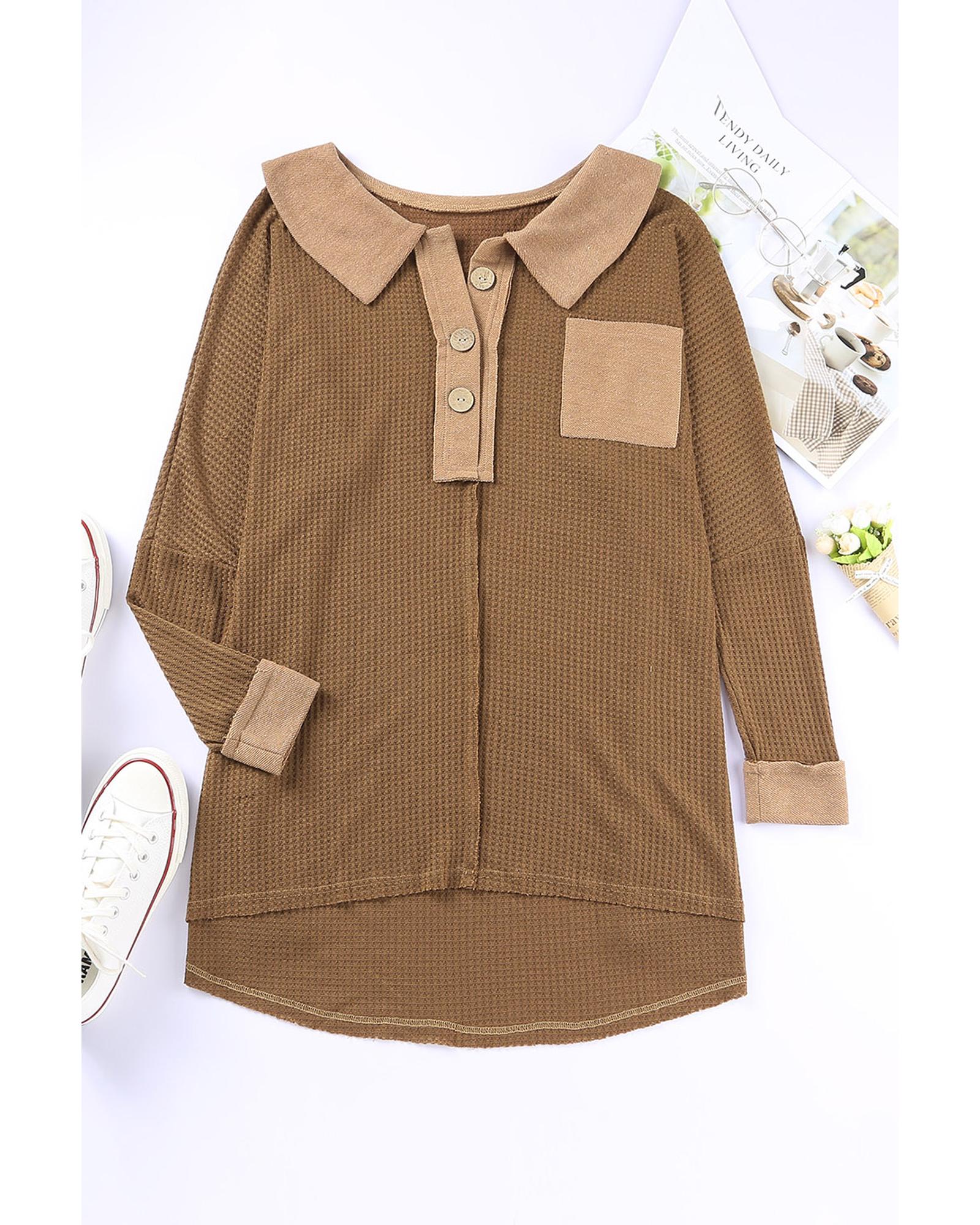 Brown Waffle Knit Buttoned Long Sleeve Top  -  Tops -Size 2XL