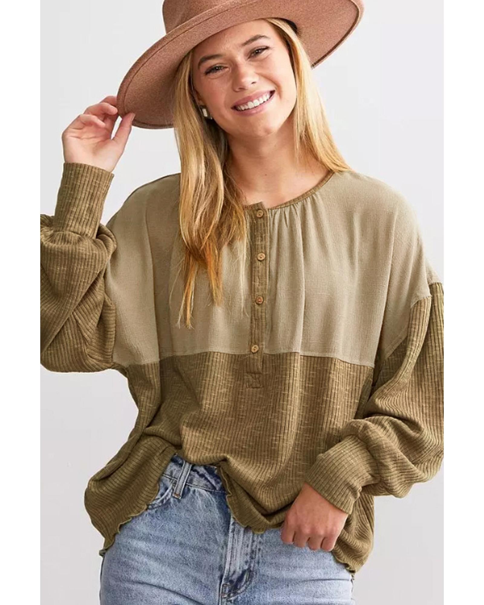 Azura Exchange Khaki Ribbed Patchwork Drop Shoulder Buttoned Neckline Blouse - Picture 37 of 48