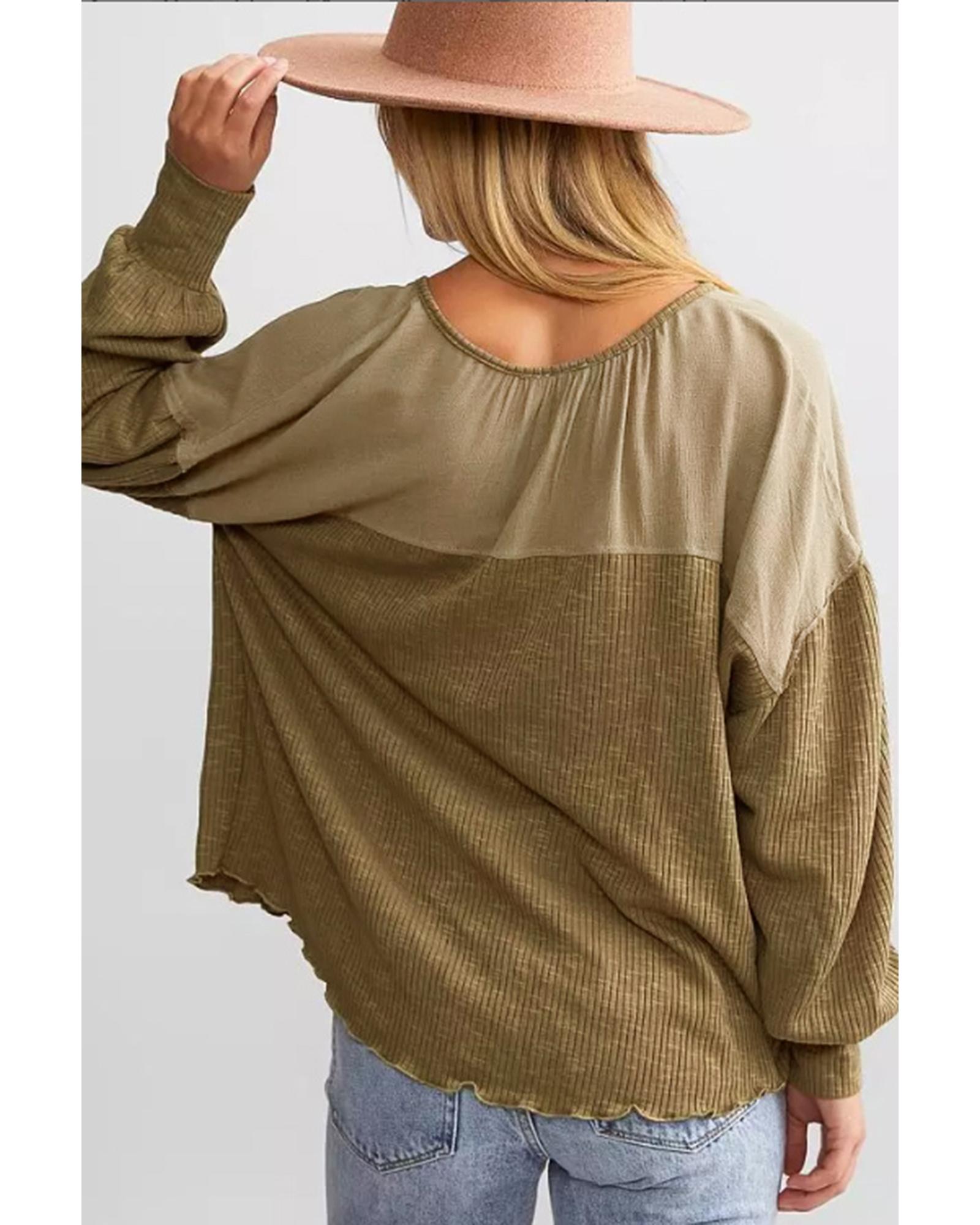 Azura Exchange Khaki Ribbed Patchwork Drop Shoulder Buttoned Neckline Blouse - Picture 26 of 48