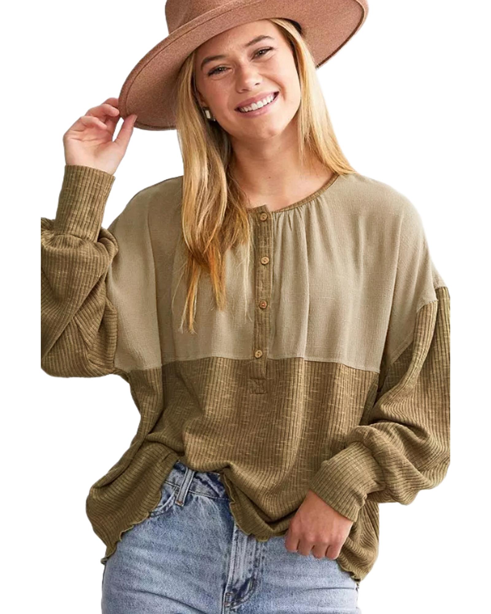 Azura Exchange Khaki Ribbed Patchwork Drop Shoulder Buttoned Neckline Blouse - Picture 27 of 48
