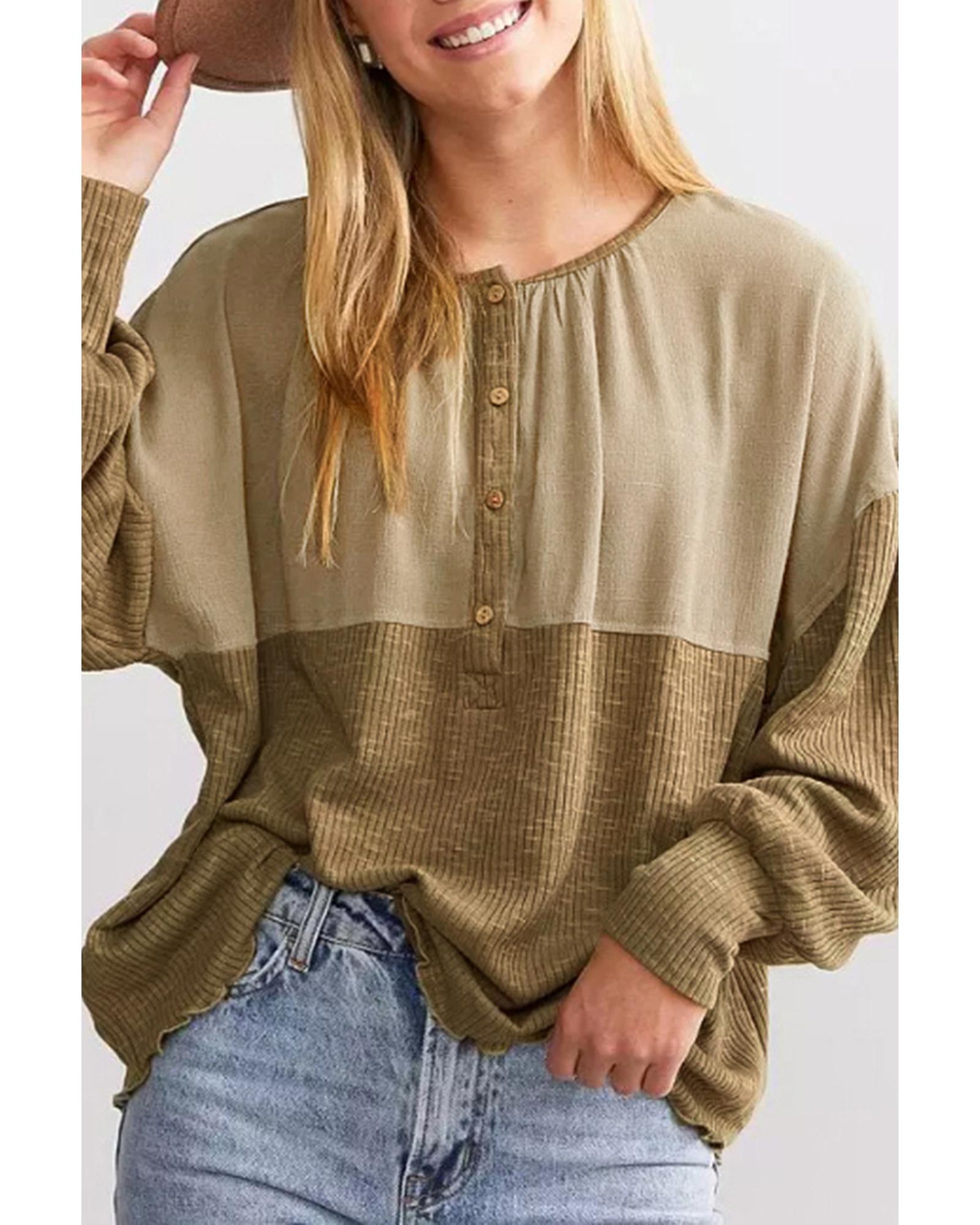 Azura Exchange Khaki Ribbed Patchwork Drop Shoulder Buttoned Neckline Blouse - Picture 28 of 48