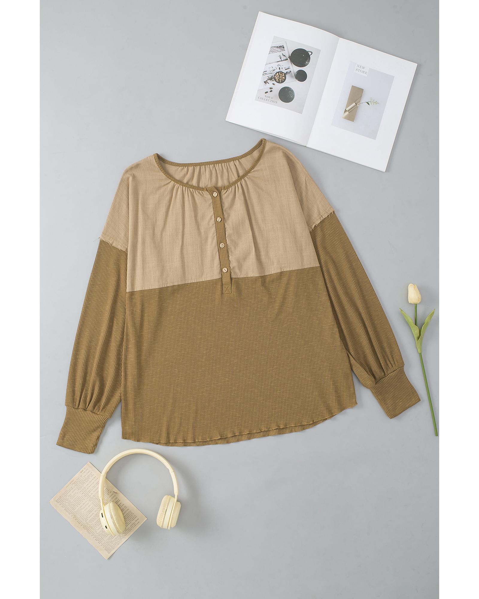 Azura Exchange Khaki Ribbed Patchwork Drop Shoulder Buttoned Neckline Blouse - Picture 20 of 48