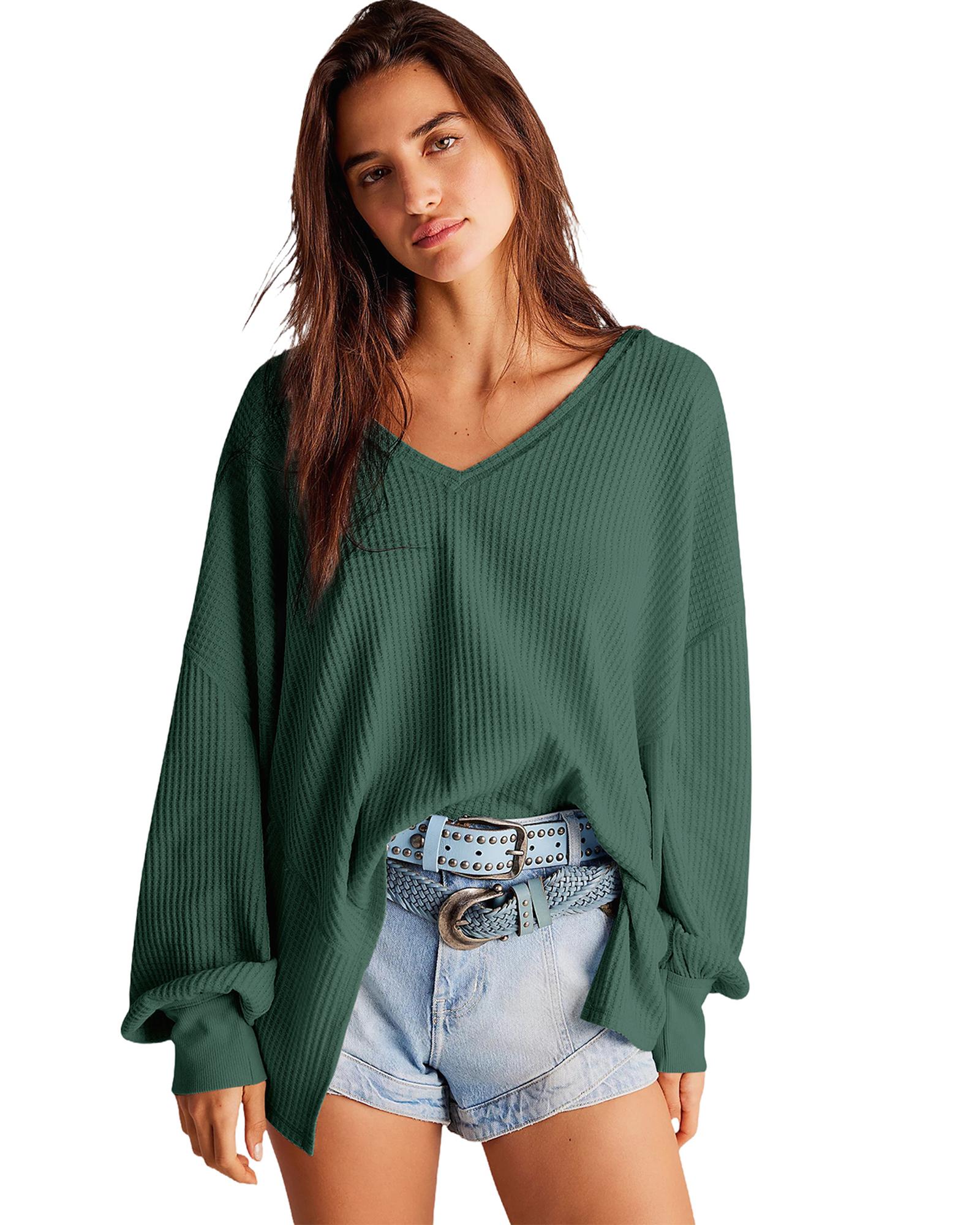 Blackish Green Waffle V Neck Long Sleeve Drop Shoulder Loose Blouse  -  Shirts