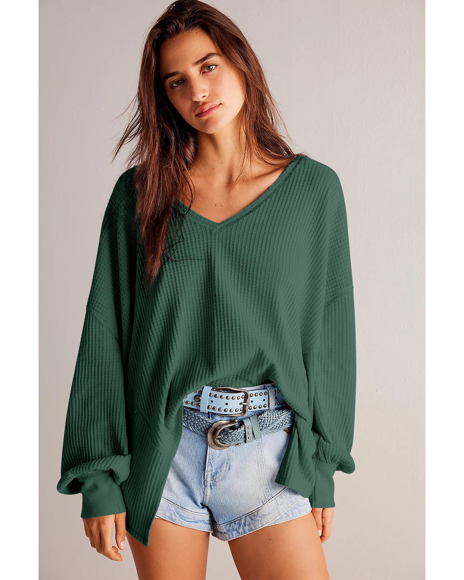 Blackish Green Waffle V Neck Long Sleeve Drop Shoulder Loose Blouse  -  Shirts