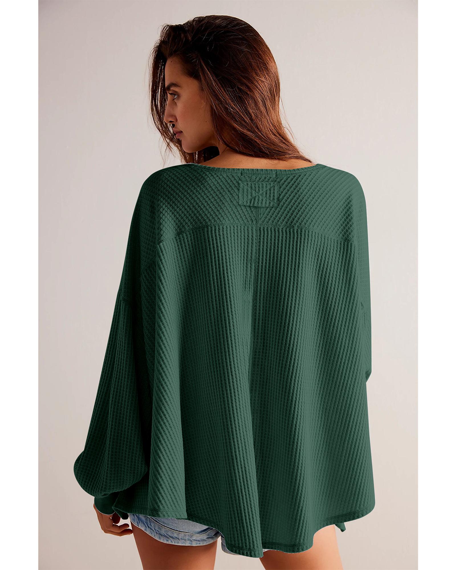 Blackish Green Waffle V Neck Long Sleeve Drop Shoulder Loose Blouse  -  Shirts