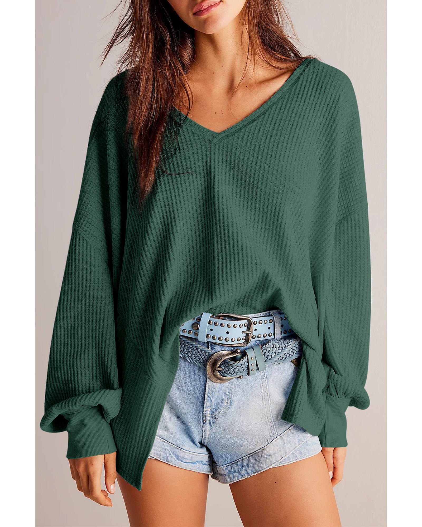 Blackish Green Waffle V Neck Long Sleeve Drop Shoulder Loose Blouse  -  Shirts