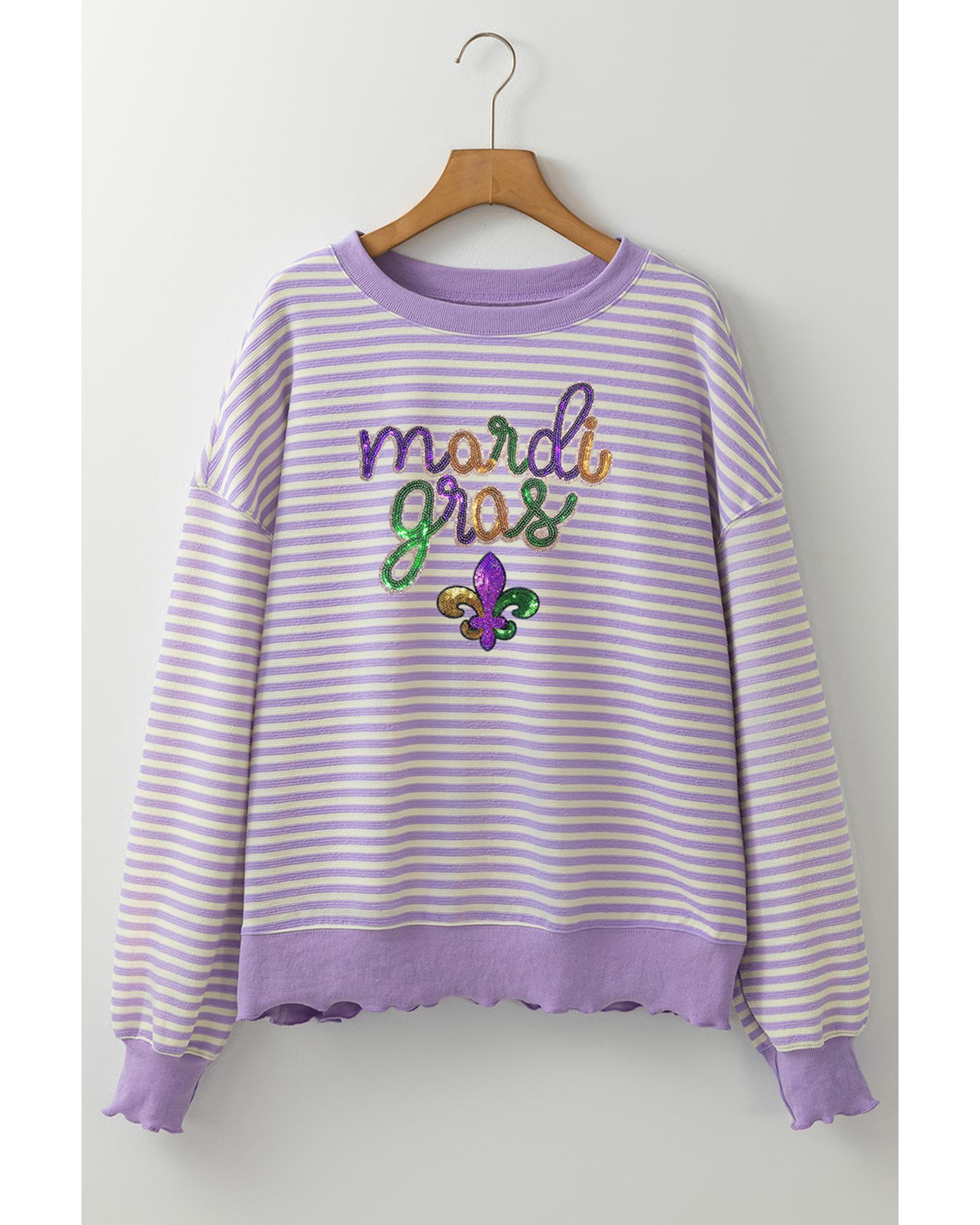 Purple Stripe mardi gras Sequin Patched Graphic Drop Shoulder Top  -  T-Shirts