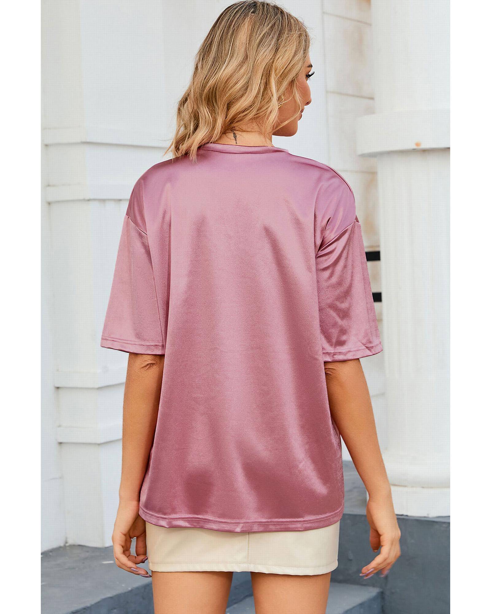 Pink Chest Pocket Loose Fit T Shirt  -  Tops -Size L