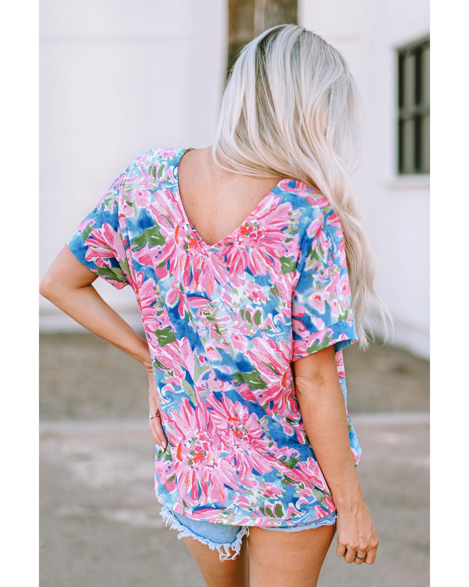 Pink Floral Print Loose Fit V Neck T Shirt  -  Tops -Size XL