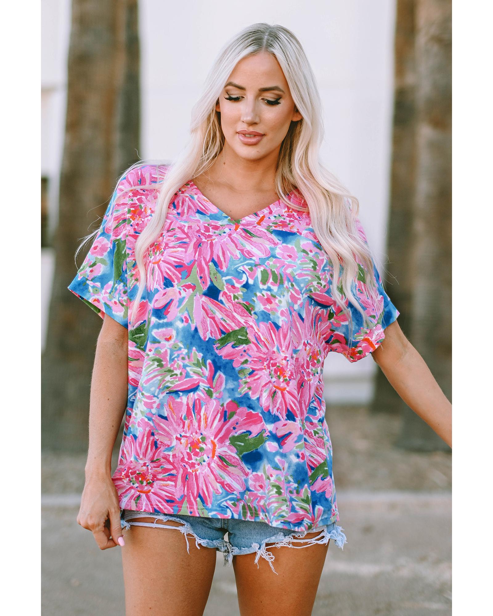 Pink Floral Print Loose Fit V Neck T Shirt  -  Tops -Size XL