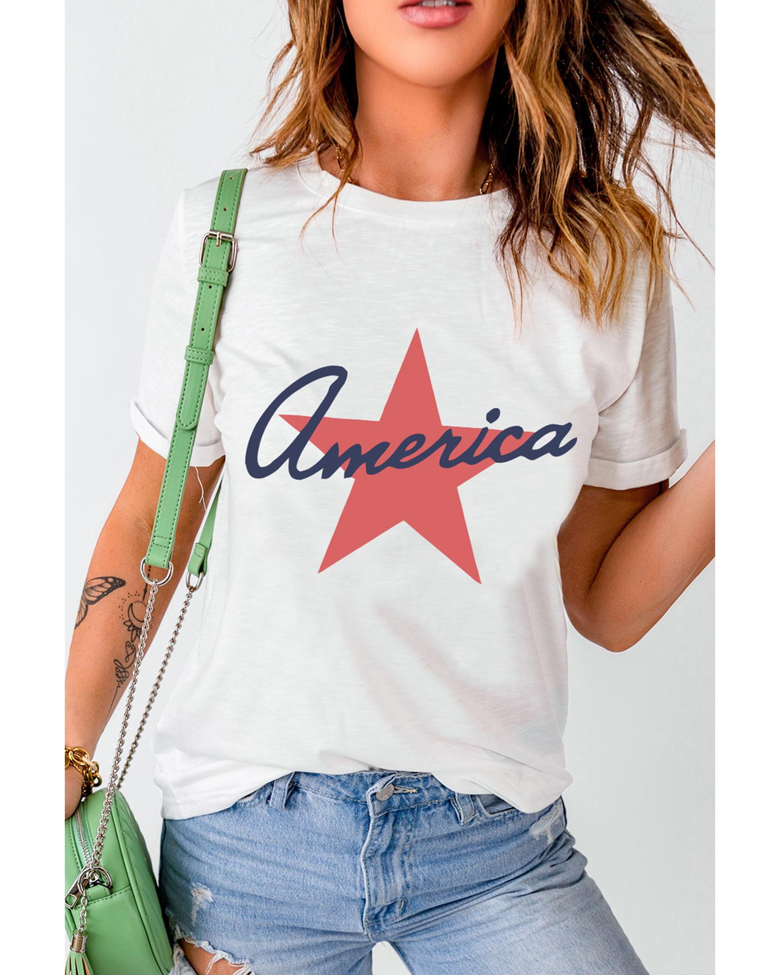 White America Star Shape Print O Neck Loose Fit T Shirt  -  T-Shirts -Size XL