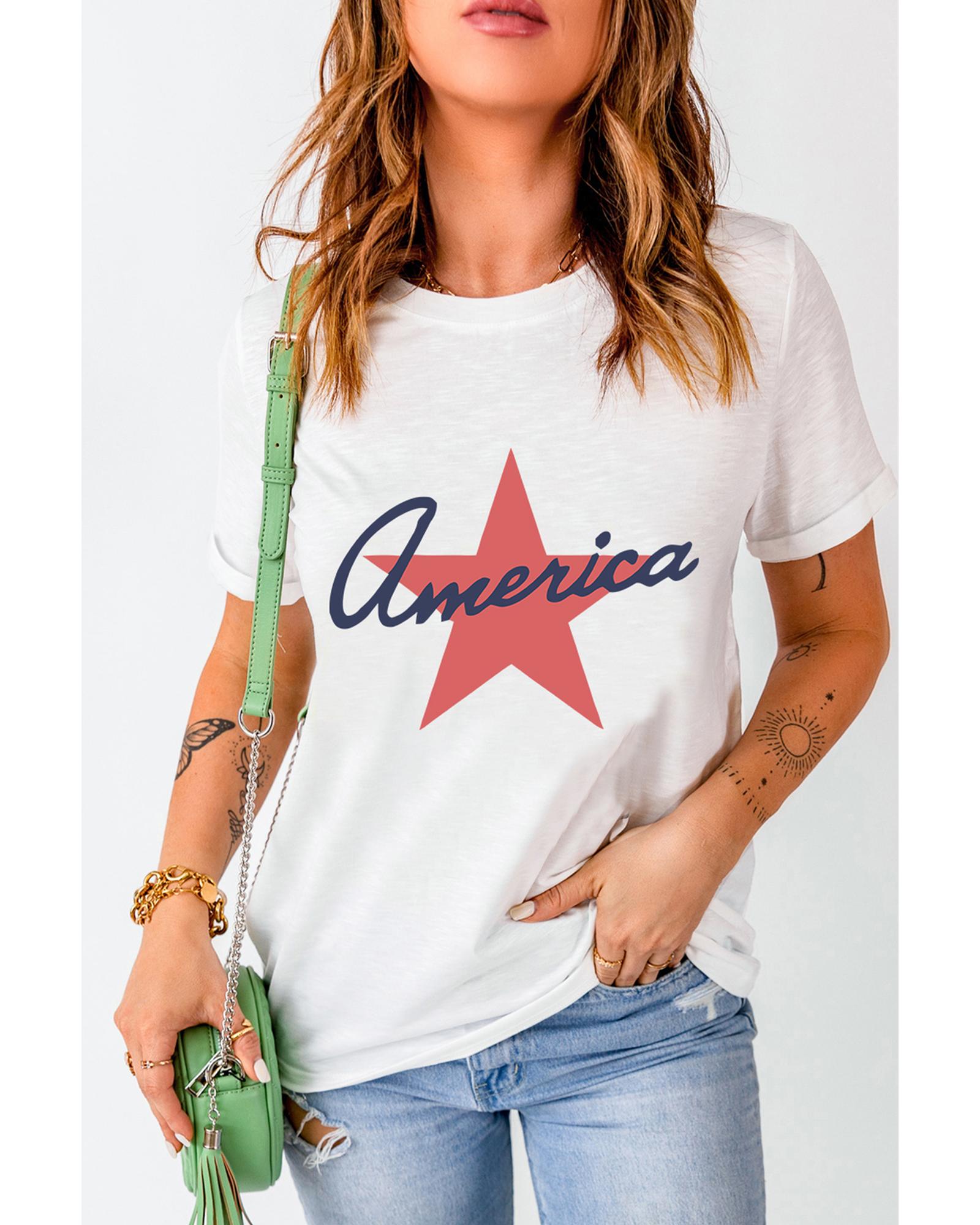 White America Star Shape Print O Neck Loose Fit T Shirt  -  T-Shirts -Size XL