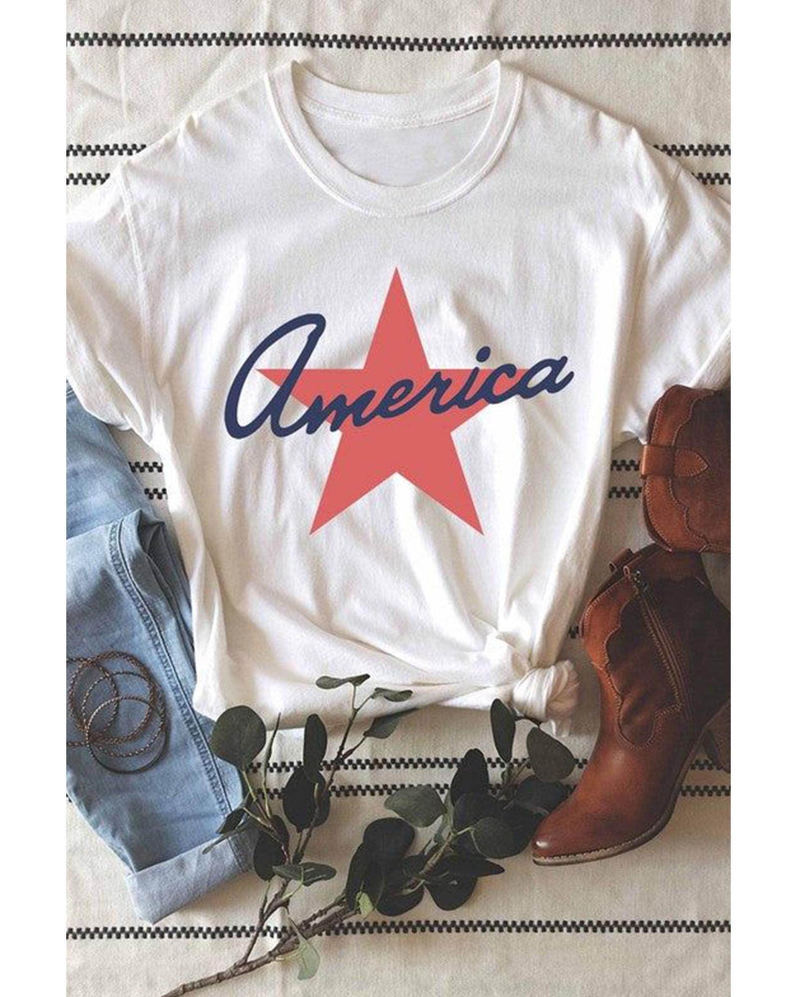 White America Star Shape Print O Neck Loose Fit T Shirt  -  T-Shirts -Size XL