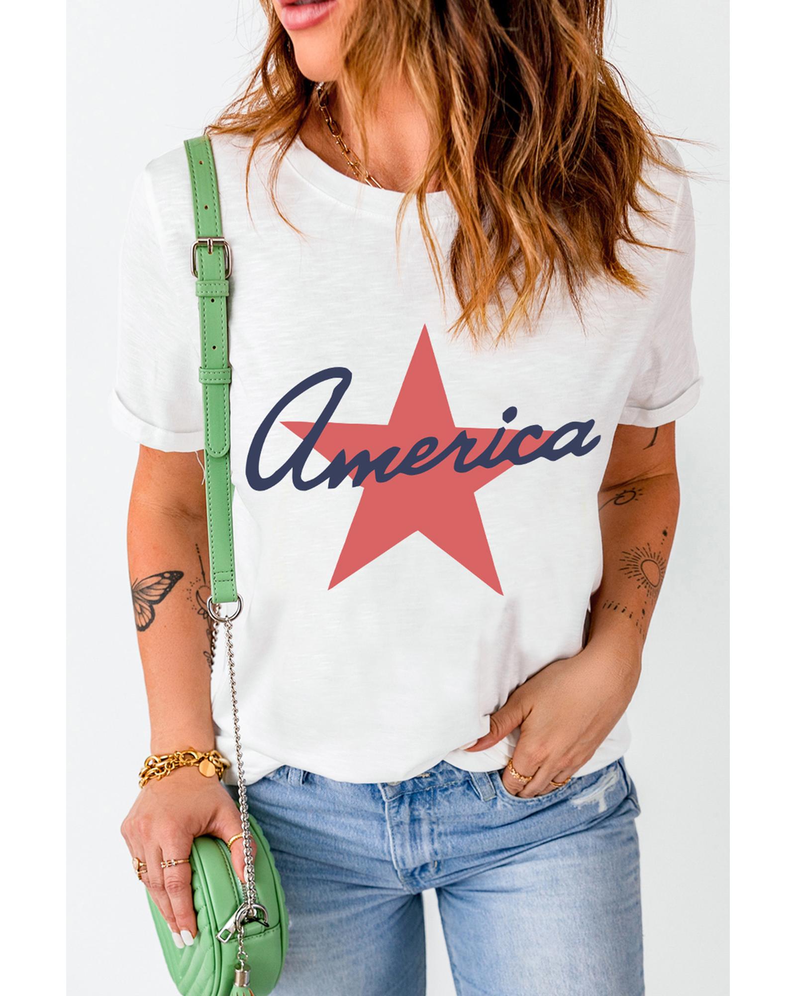 White America Star Shape Print O Neck Loose Fit T Shirt  -  T-Shirts -Size XL