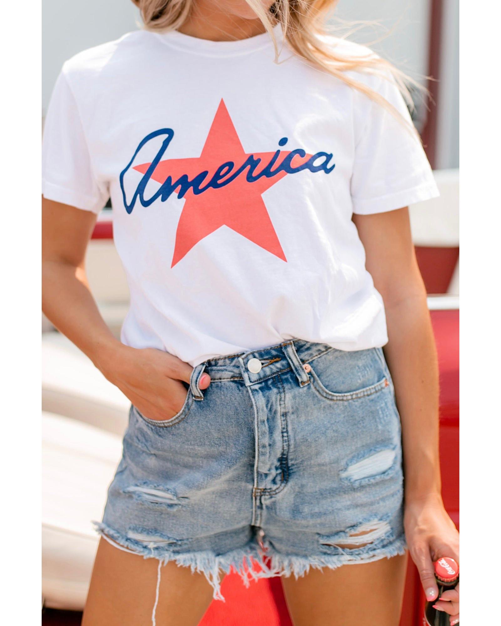 White America Star Shape Print O Neck Loose Fit T Shirt  -  T-Shirts -Size XL