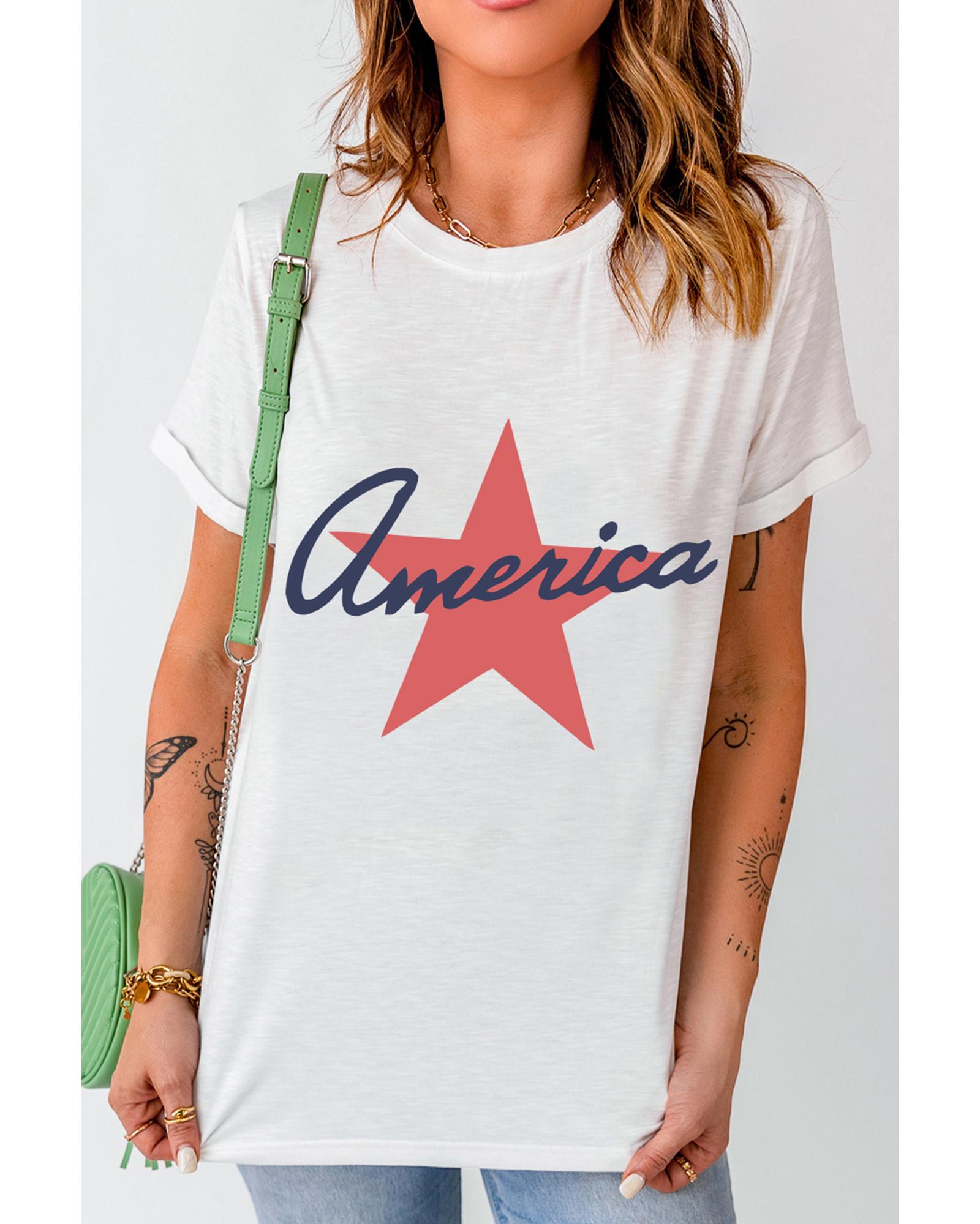 White America Star Shape Print O Neck Loose Fit T Shirt  -  T-Shirts -Size XL