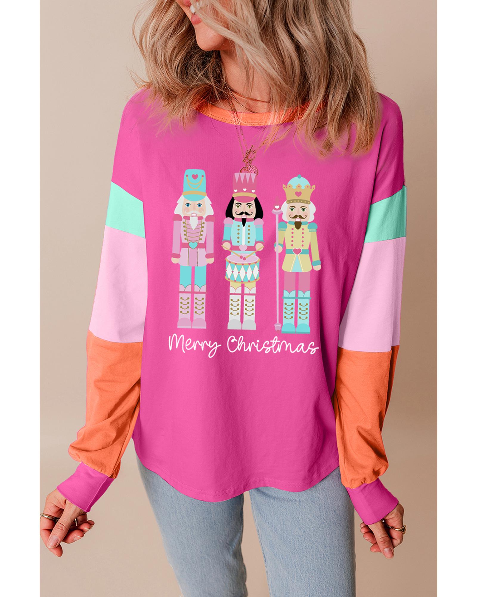 Rose Red Nutcracker Merry Christmas Graphic Colorblock Long Sleeve Tee  -