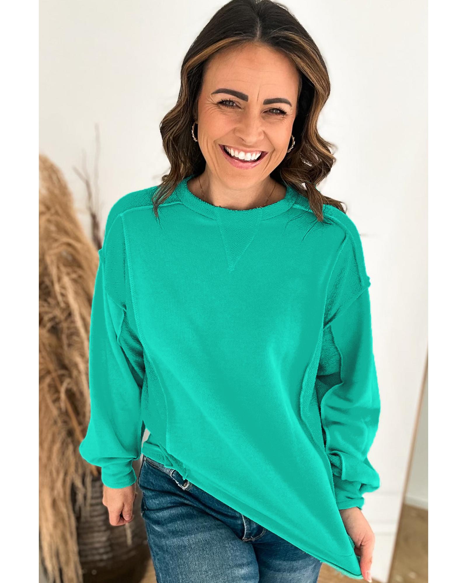 Mint Green Splicing Round Neck Pullover Sweatshirt  -  Sweatshirts & Hoodies