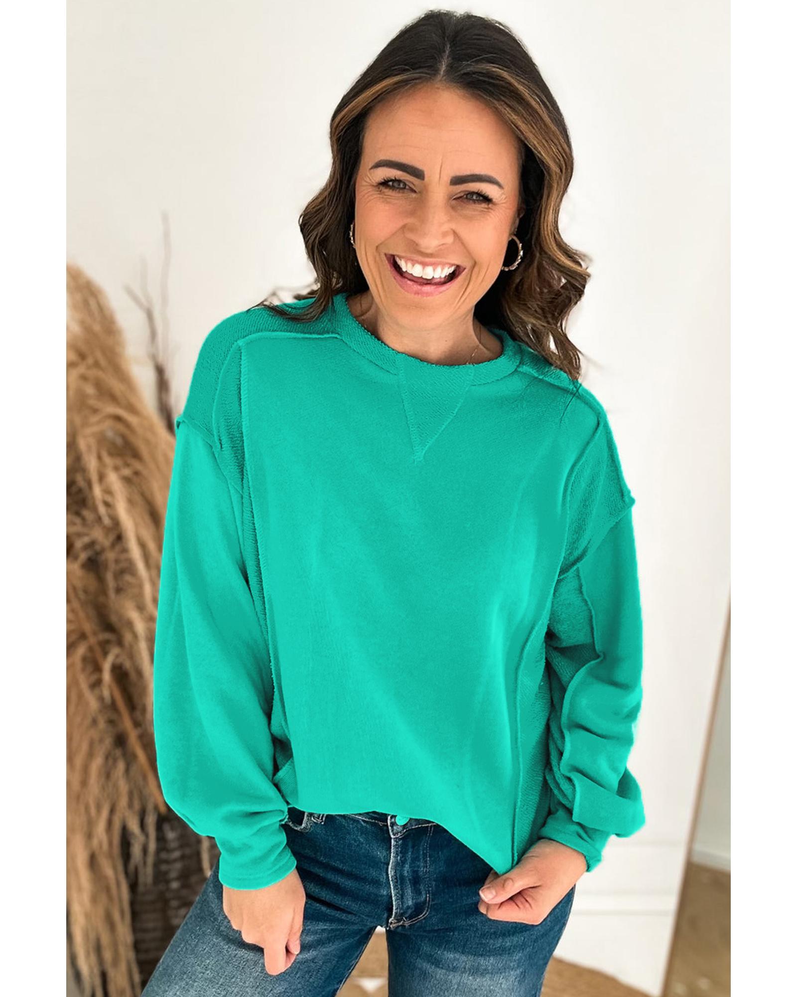 Mint Green Splicing Round Neck Pullover Sweatshirt  -  Sweatshirts & Hoodies