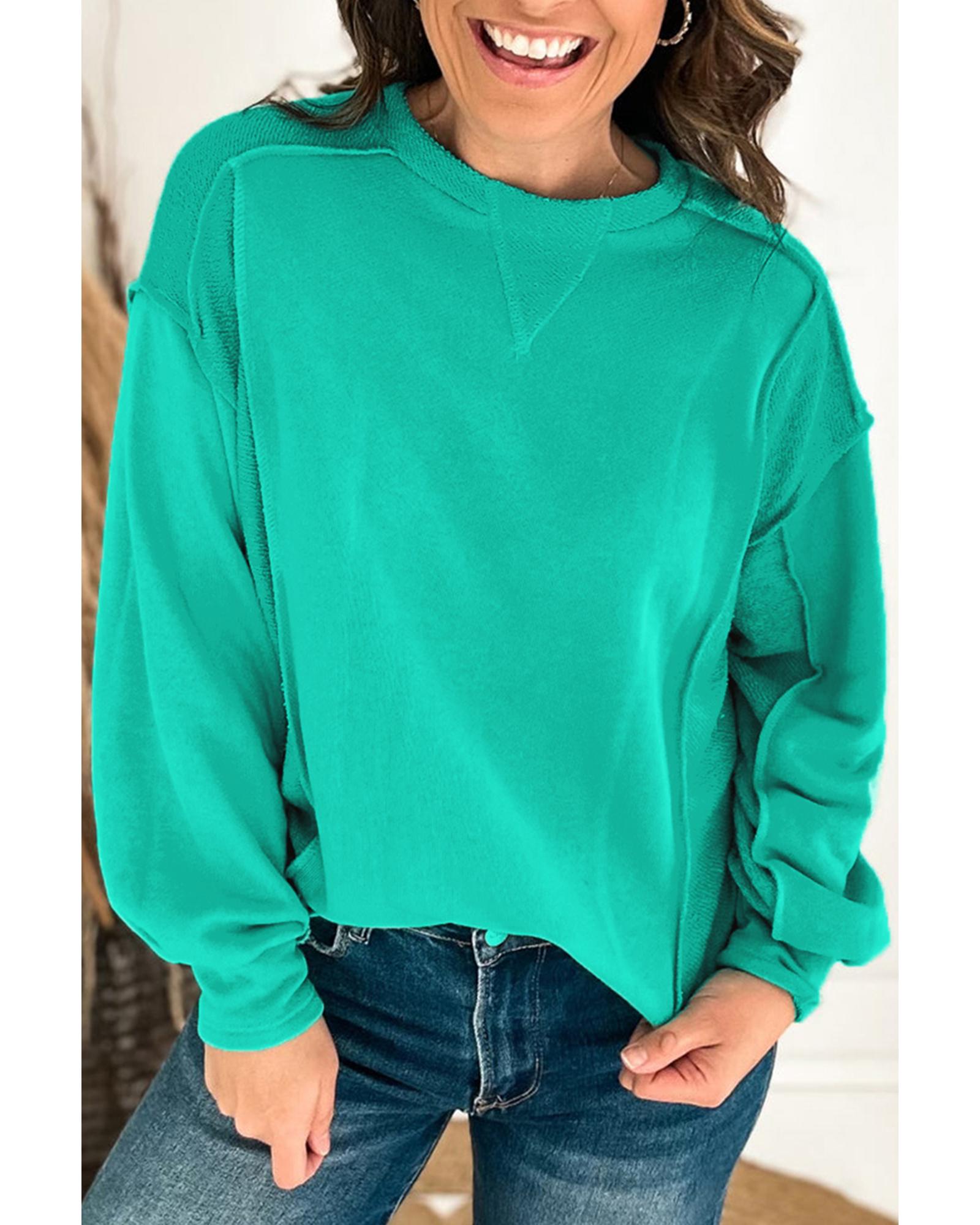 Mint Green Splicing Round Neck Pullover Sweatshirt  -  Sweatshirts & Hoodies