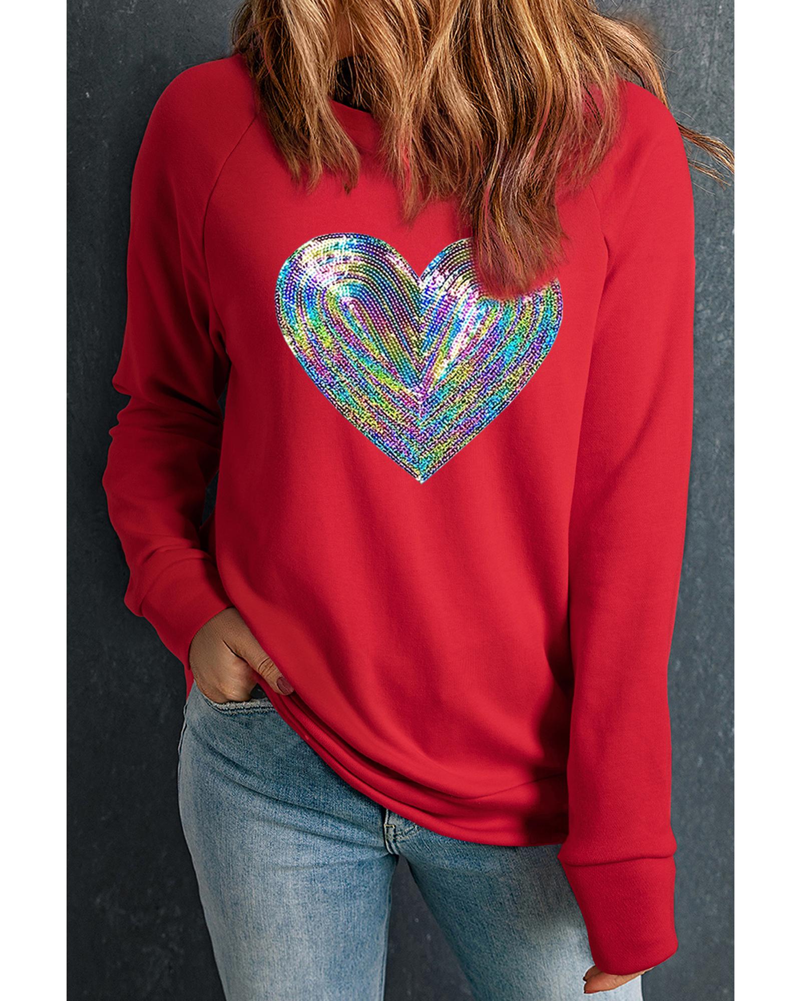 Red Bold Sequin Heart Crewneck Valentines Pullover Sweatshirt  -  Sweatshirts &