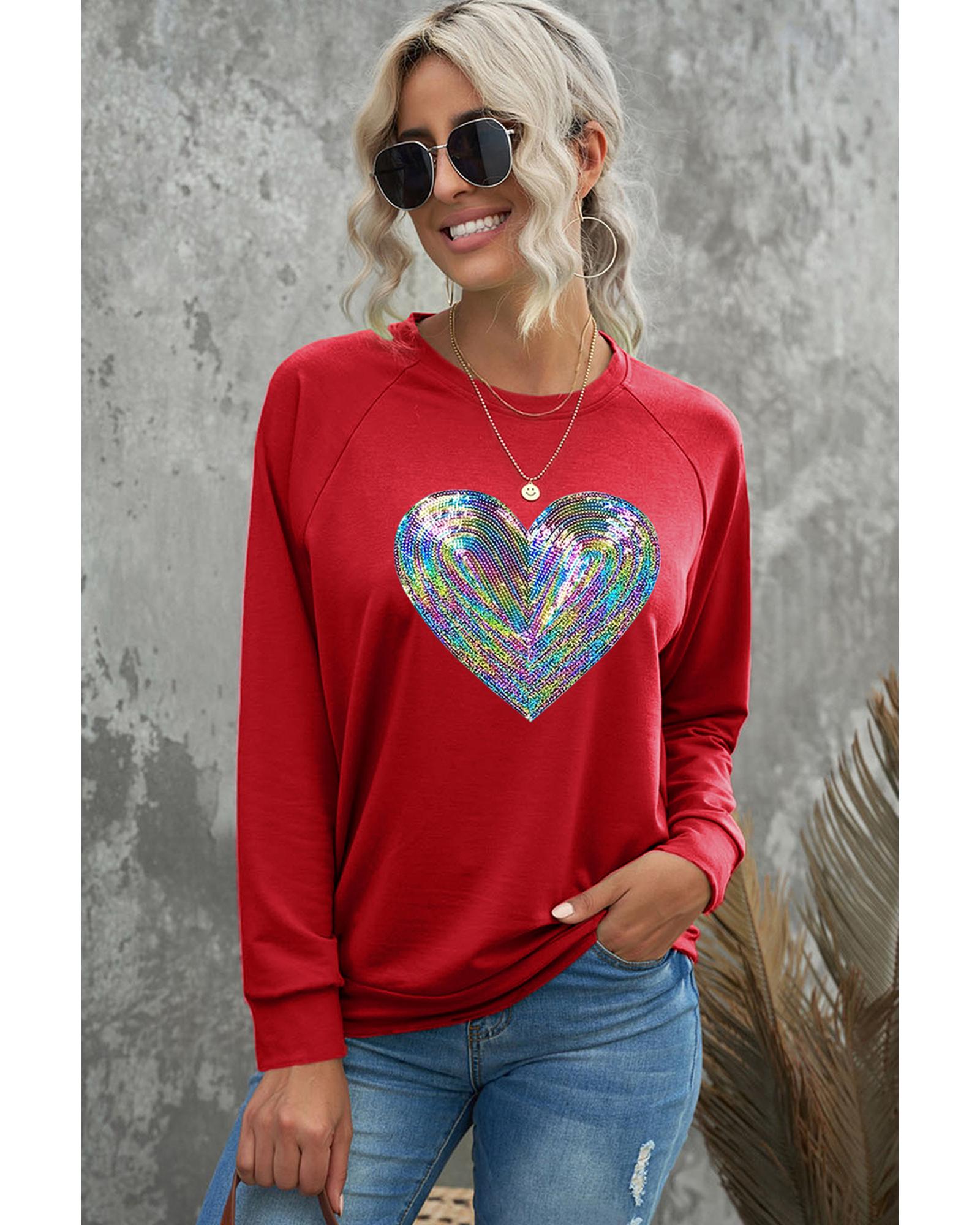 Red Bold Sequin Heart Crewneck Valentines Pullover Sweatshirt  -  Sweatshirts &