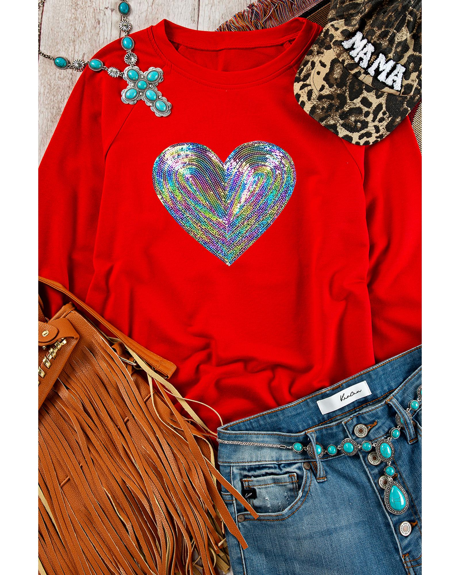 Red Bold Sequin Heart Crewneck Valentines Pullover Sweatshirt  -  Sweatshirts &