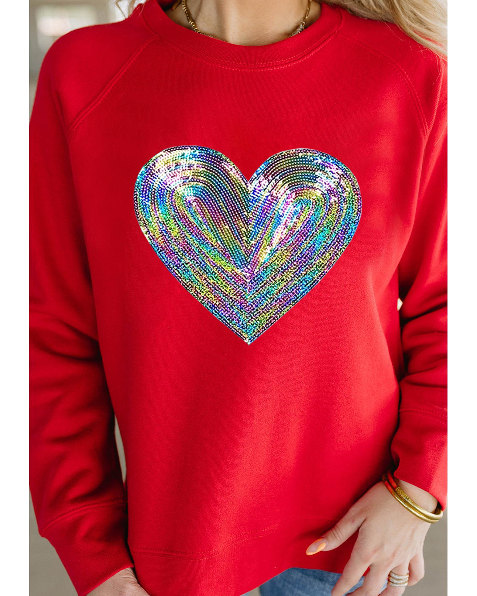 Red Bold Sequin Heart Crewneck Valentines Pullover Sweatshirt  -  Sweatshirts &