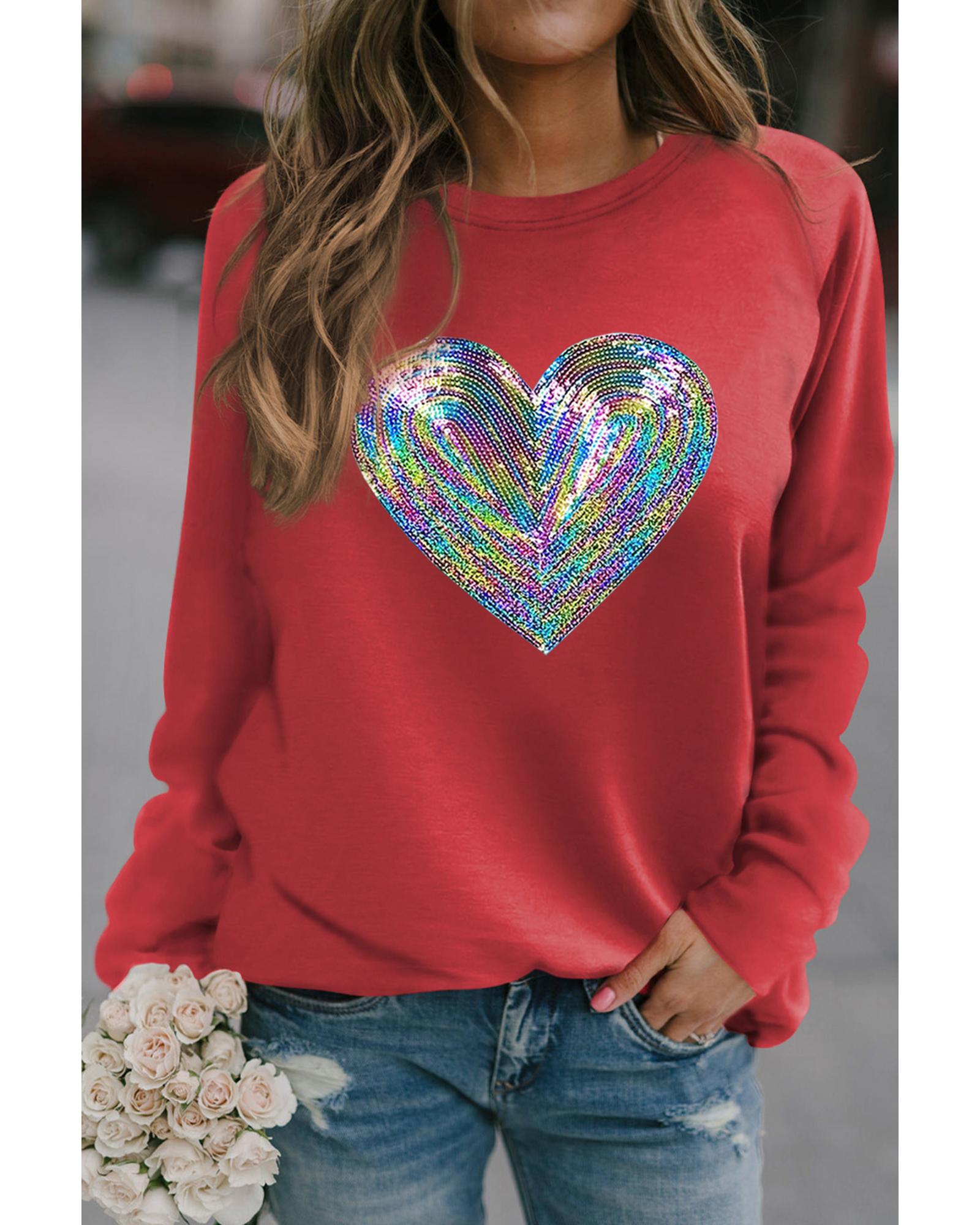 Red Bold Sequin Heart Crewneck Valentines Pullover Sweatshirt  -  Sweatshirts &