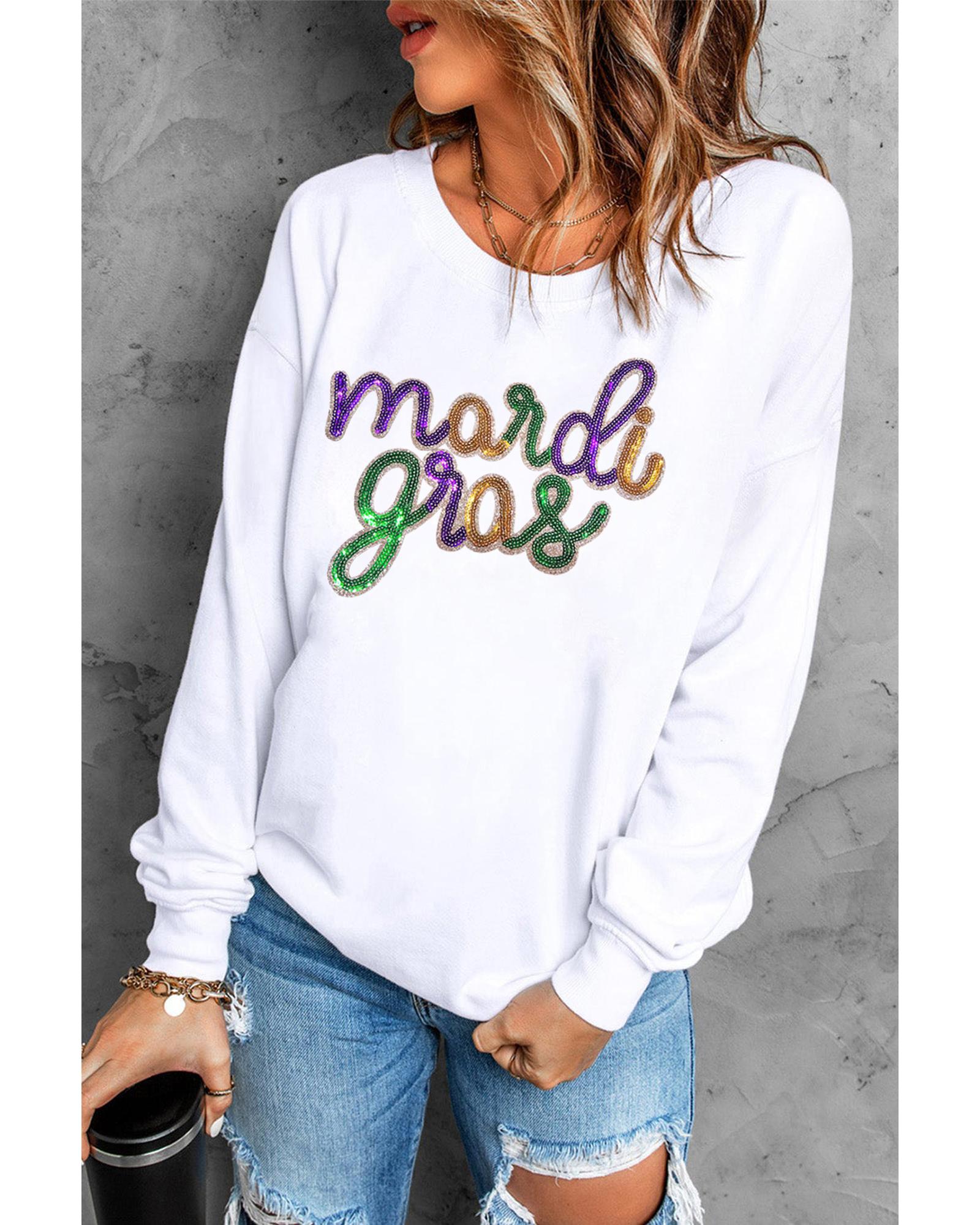 White Sequined mardi gras Graphic Crew Neck Drop Shoulder Sweatshirt  -