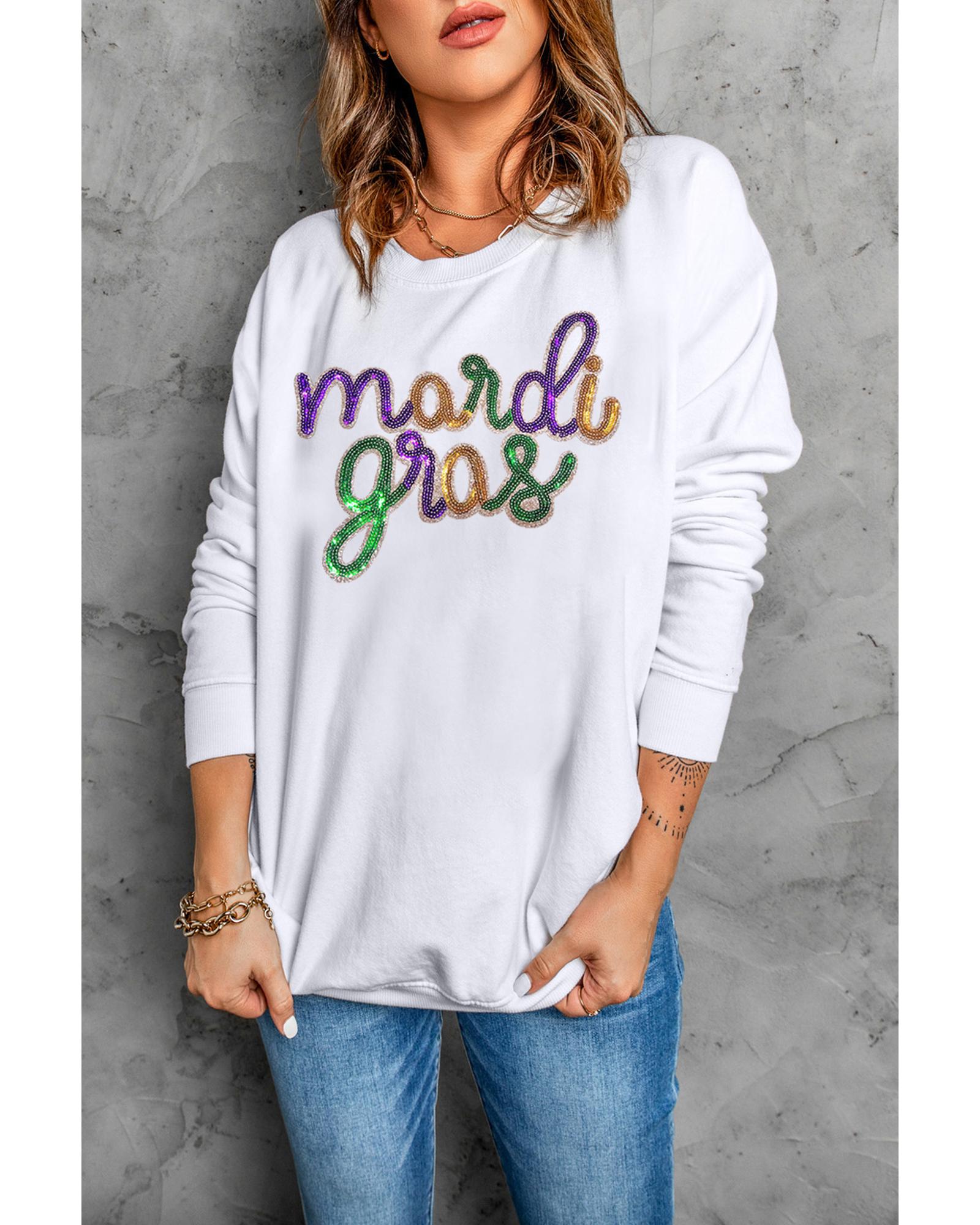 White Sequined mardi gras Graphic Crew Neck Drop Shoulder Sweatshirt  -