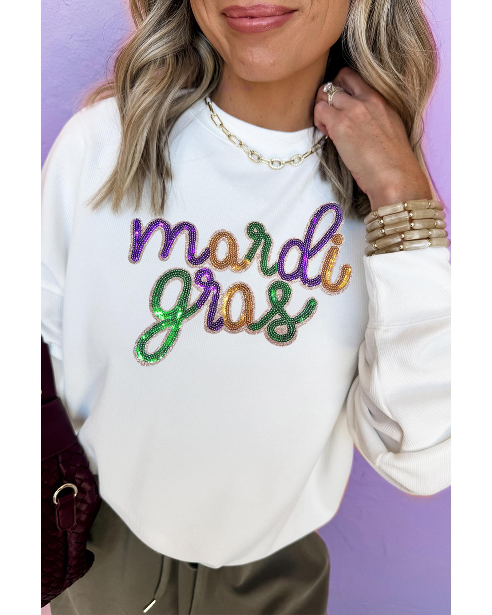 White Sequined mardi gras Graphic Crew Neck Drop Shoulder Sweatshirt  -