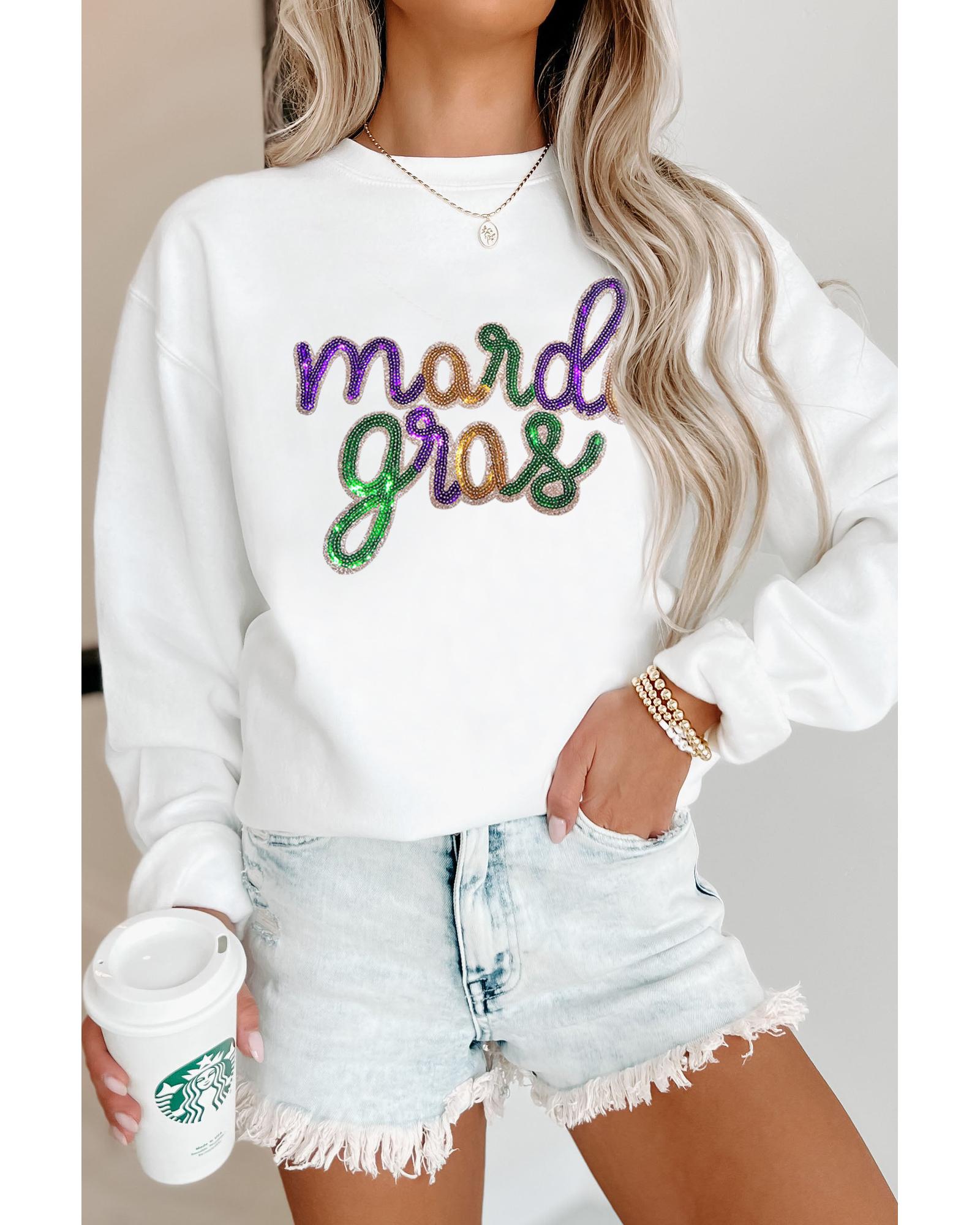 White Sequined mardi gras Graphic Crew Neck Drop Shoulder Sweatshirt  -