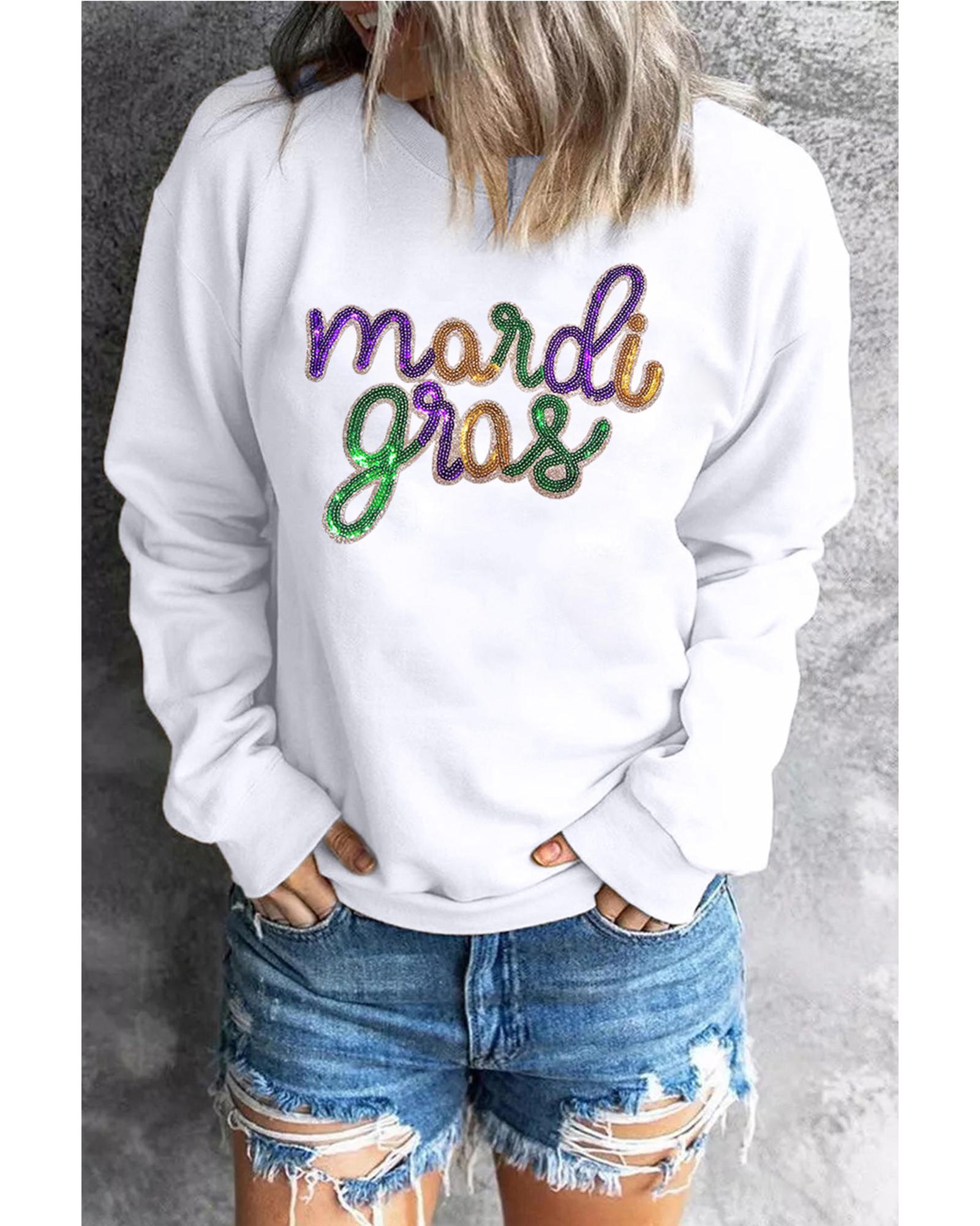 White Sequined mardi gras Graphic Crew Neck Drop Shoulder Sweatshirt  -