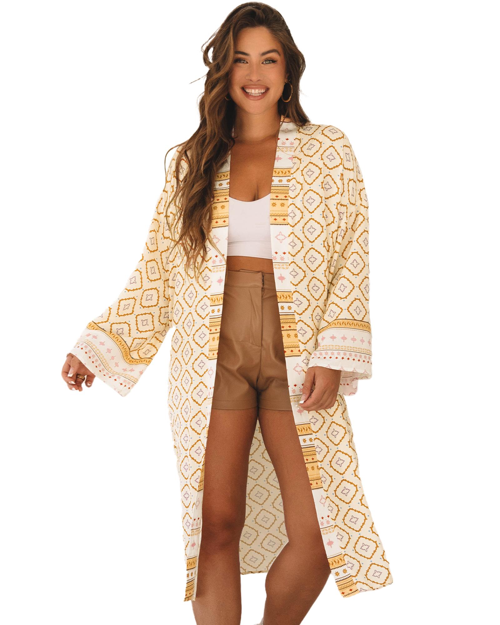 Azura Exchange Yellow Bohemian Geometric Printed Loose Sleeve Long Kimono Women - Foto 29 di 48