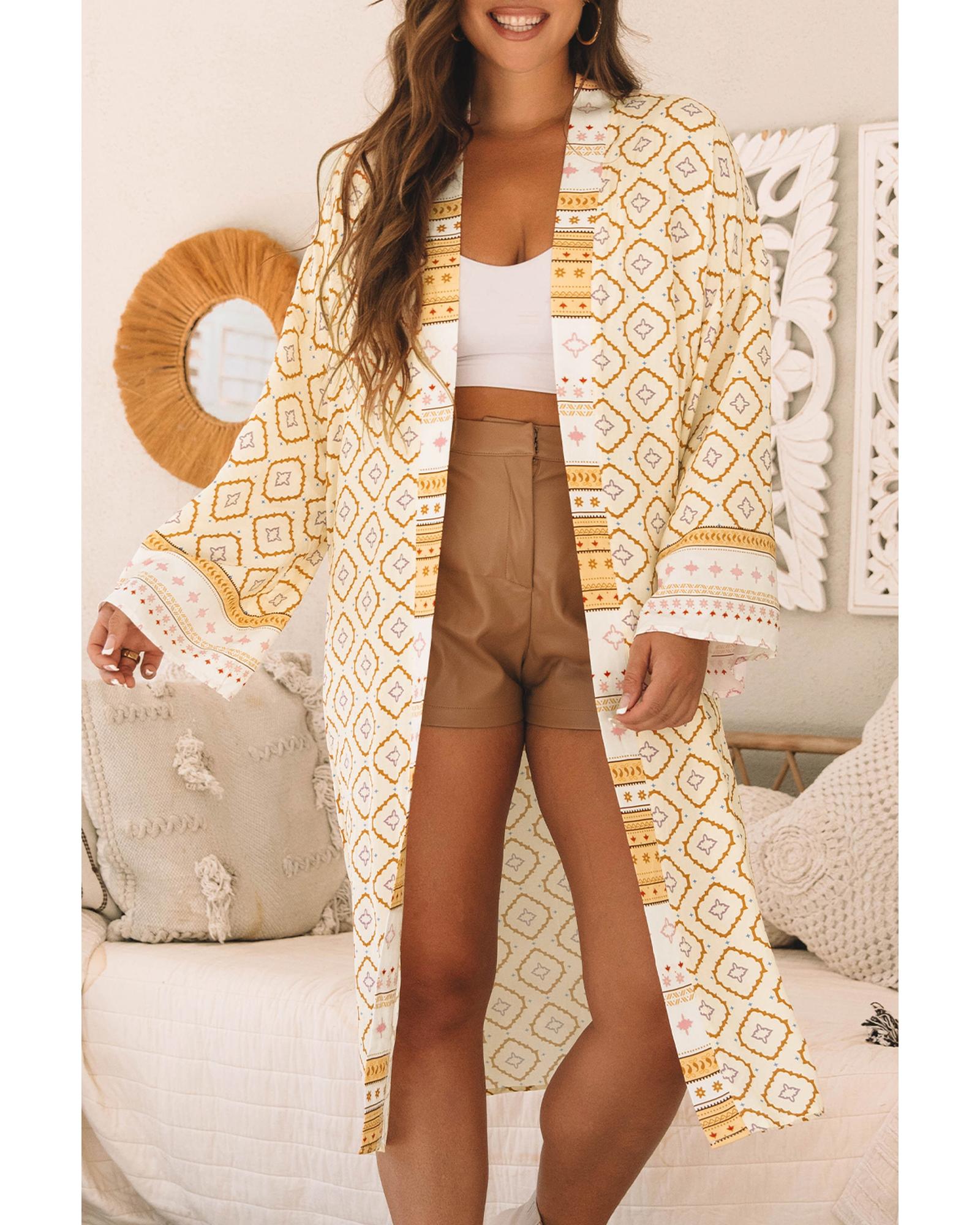Azura Exchange Yellow Bohemian Geometric Printed Loose Sleeve Long Kimono Women - Foto 23 di 48